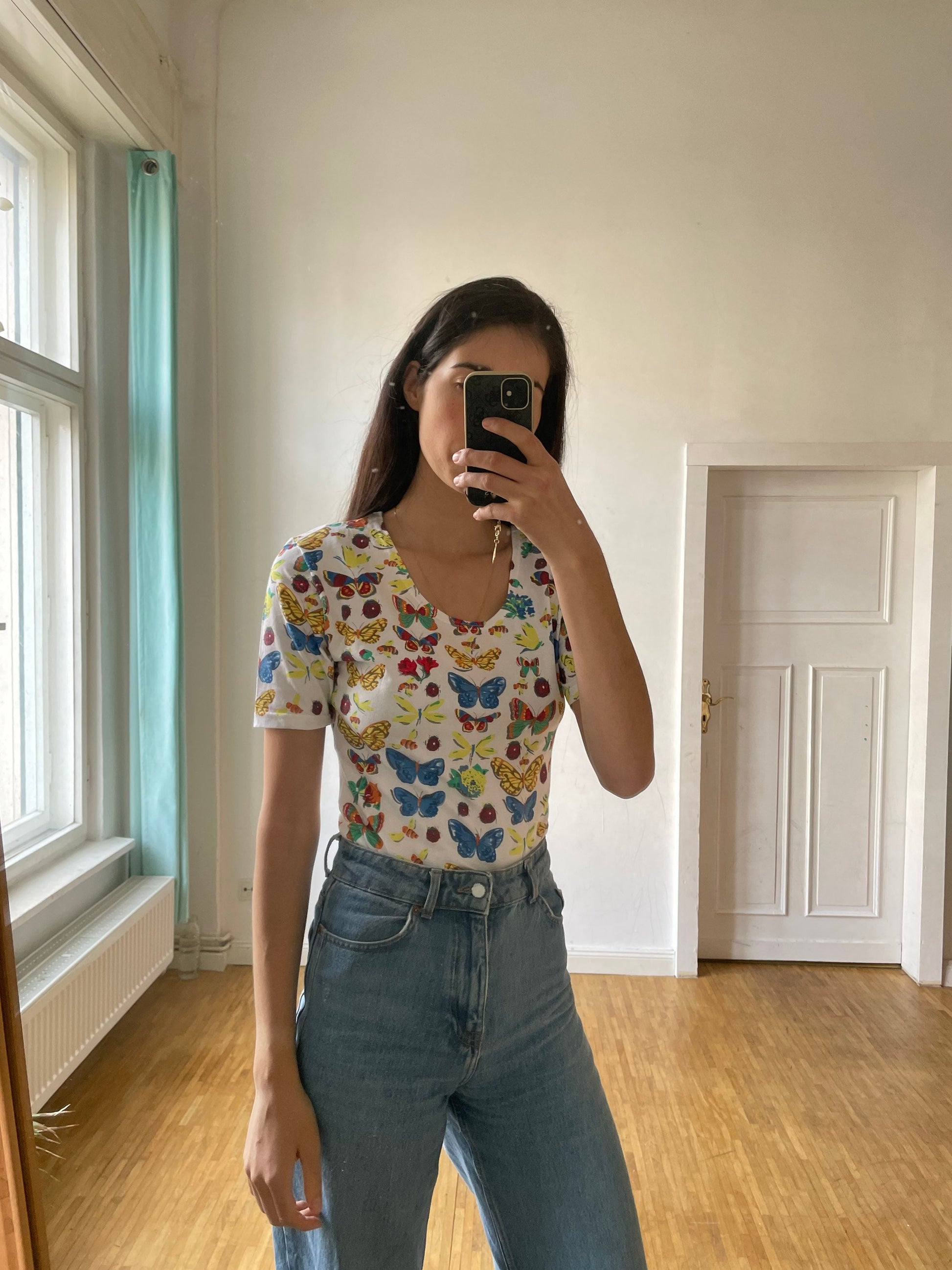 Vintage Butterfly Cotton Bodysuit, Retro Cottagecore Short Sleeve Leotard, Colorful Summer Top, Tie Front, Size S (XL Tag)