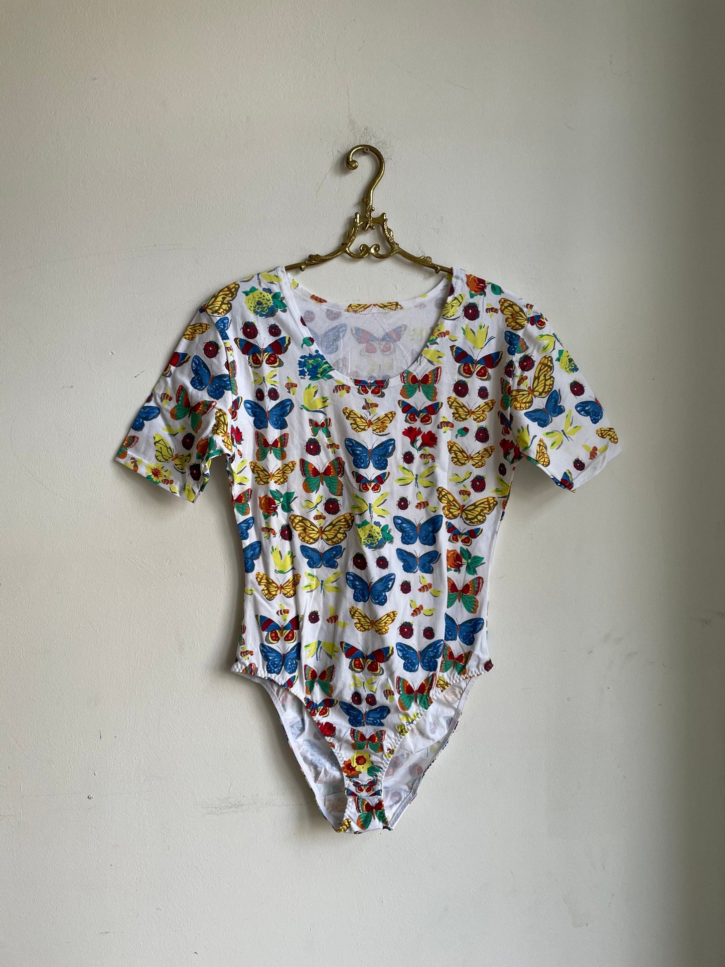 Vintage Butterfly Cotton Bodysuit, Retro Cottagecore Short Sleeve Leotard, Colorful Summer Top, Tie Front, Size S (XL Tag)