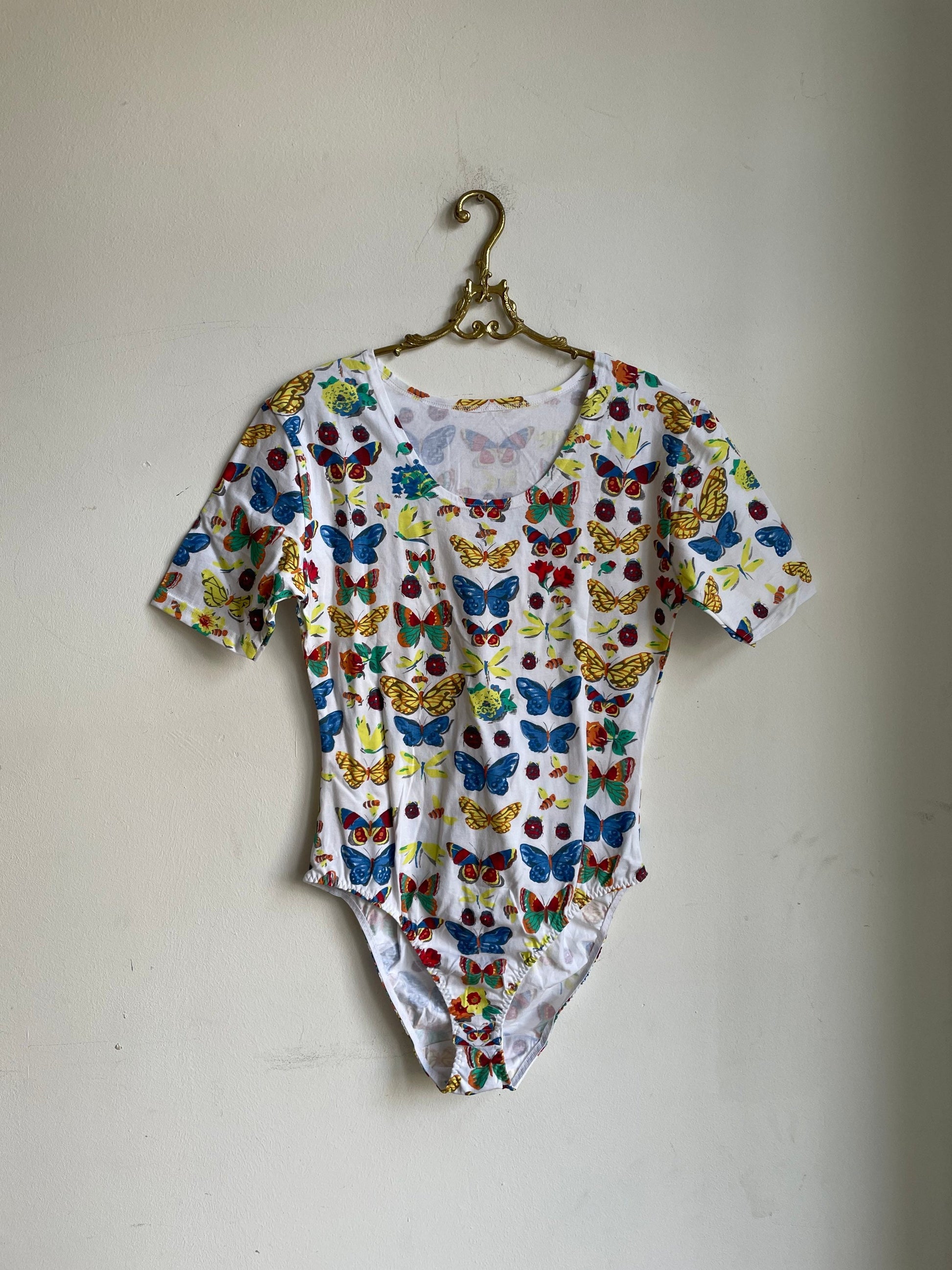 Vintage Butterfly Cotton Bodysuit, Retro Cottagecore Short Sleeve Leotard, Colorful Summer Top, Tie Front, Size S (XL Tag)
