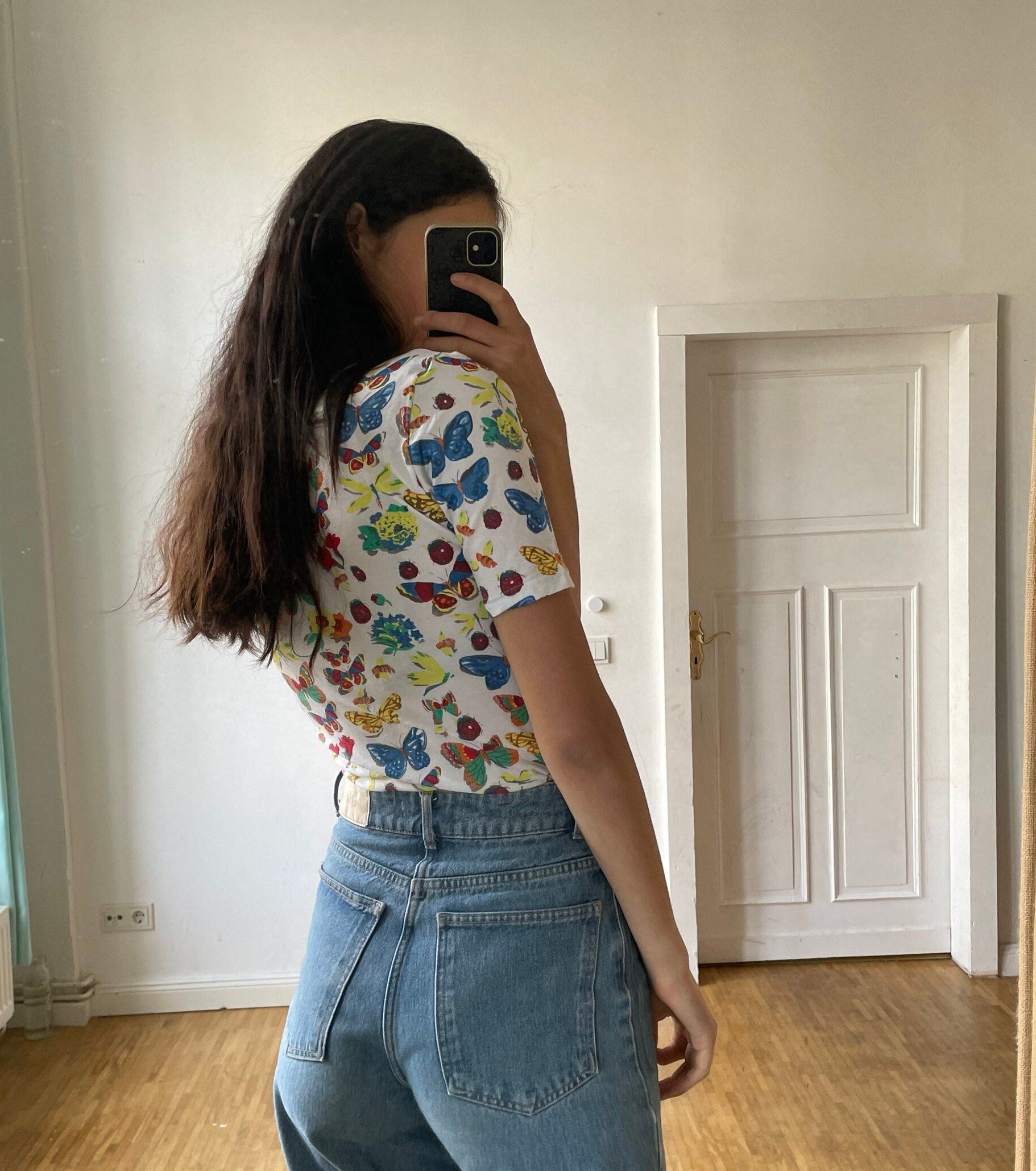 Vintage Butterfly Cotton Bodysuit, Retro Cottagecore Short Sleeve Leotard, Colorful Summer Top, Tie Front, Size S (XL Tag)