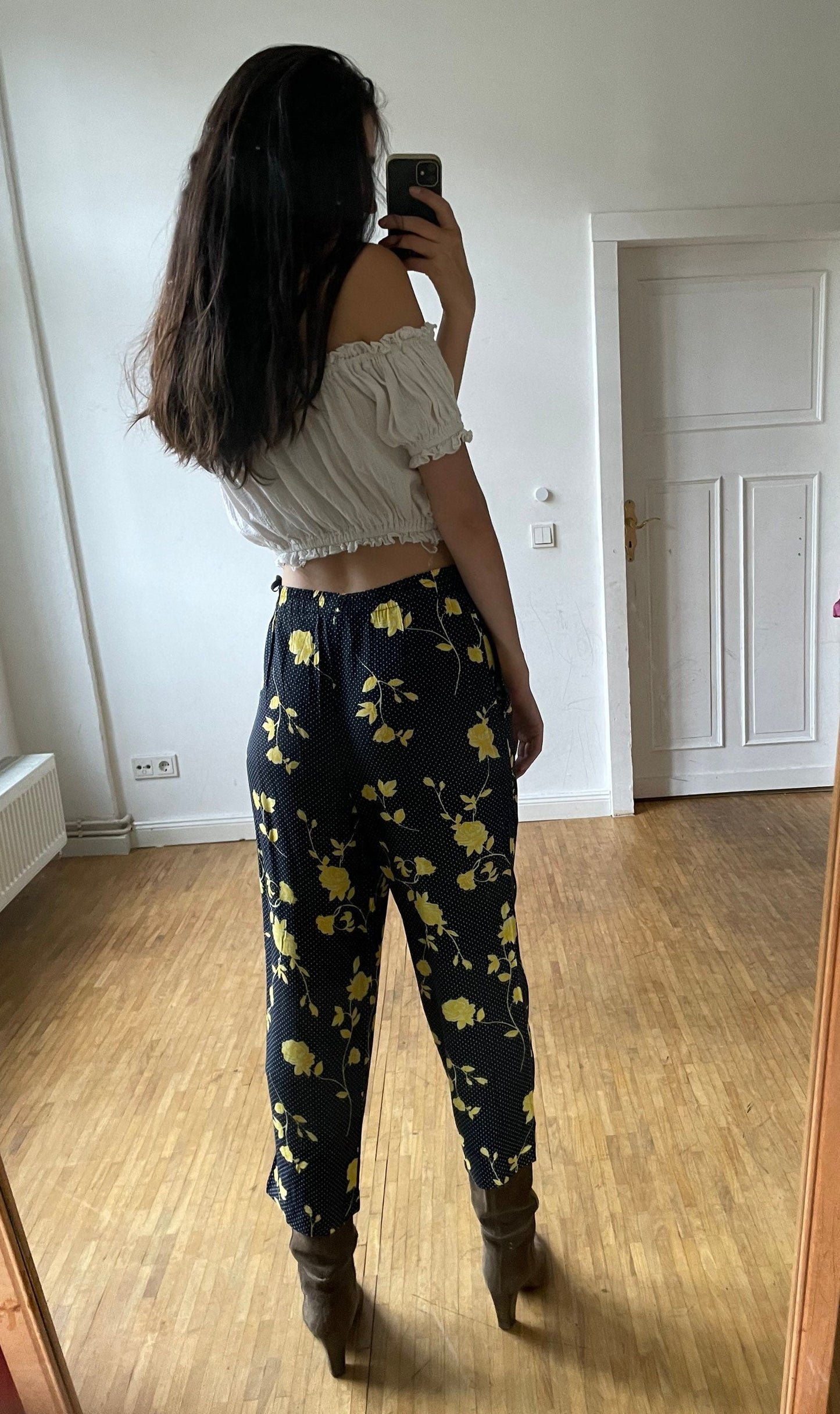 Vintage Floral Trousers High Waist 3/4 Pants Cottagecore Bloomcore Summer Retro Clothing Size L 42