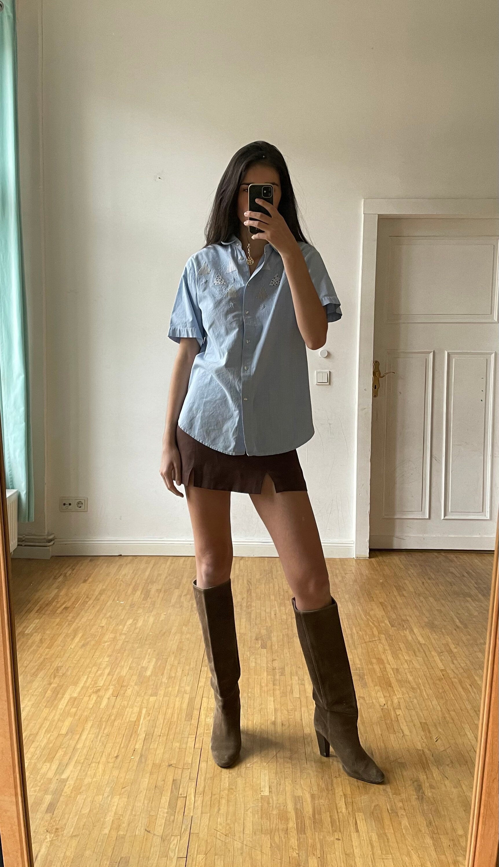 Baby blue oversized blouse with patchwork, Vintage denim women's blouse, Light blue summer top, retro women shirt, Short sleeve button up