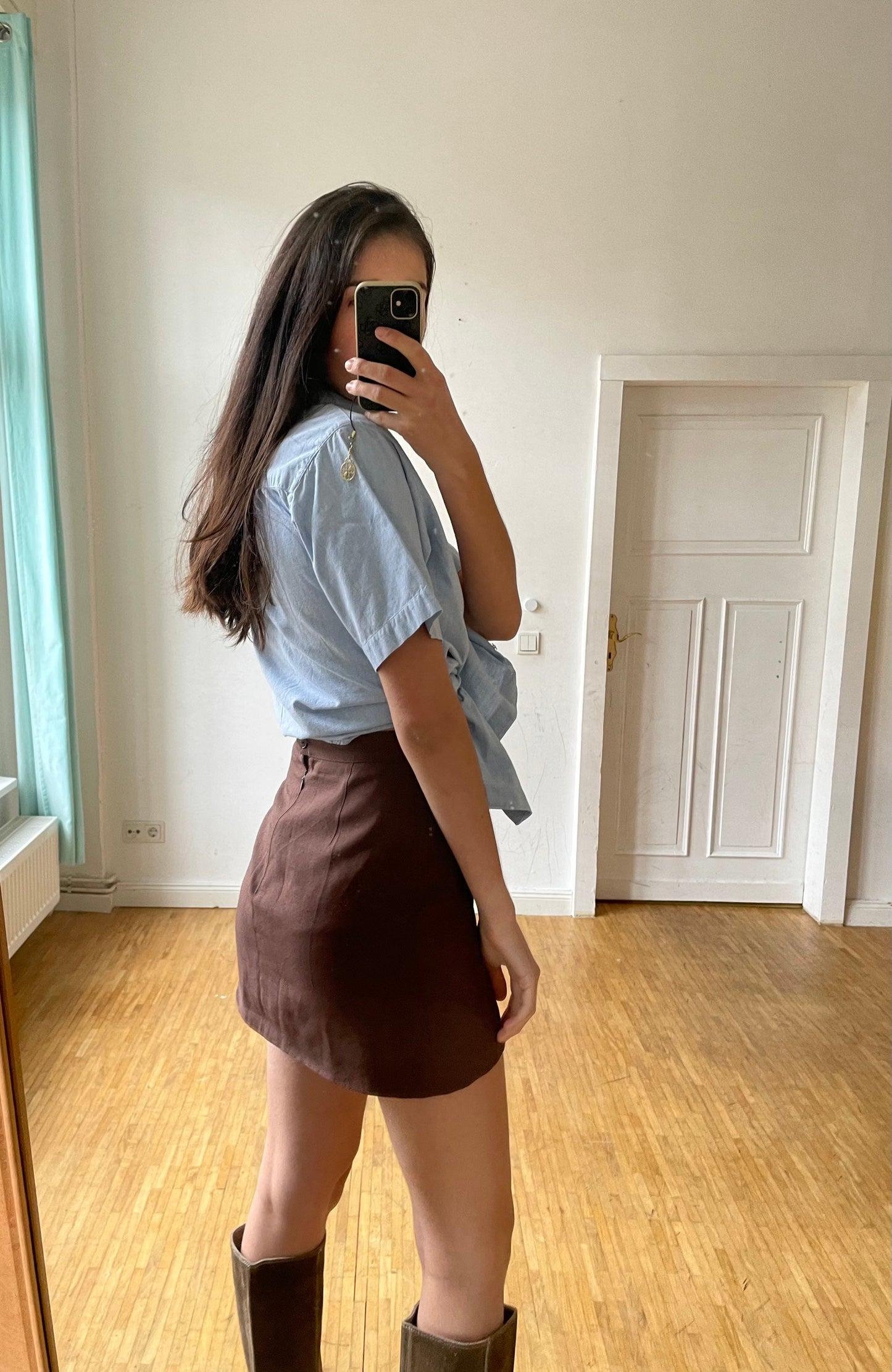 Baby blue oversized blouse with patchwork, Vintage denim women's blouse, Light blue summer top, retro women shirt, Short sleeve button up