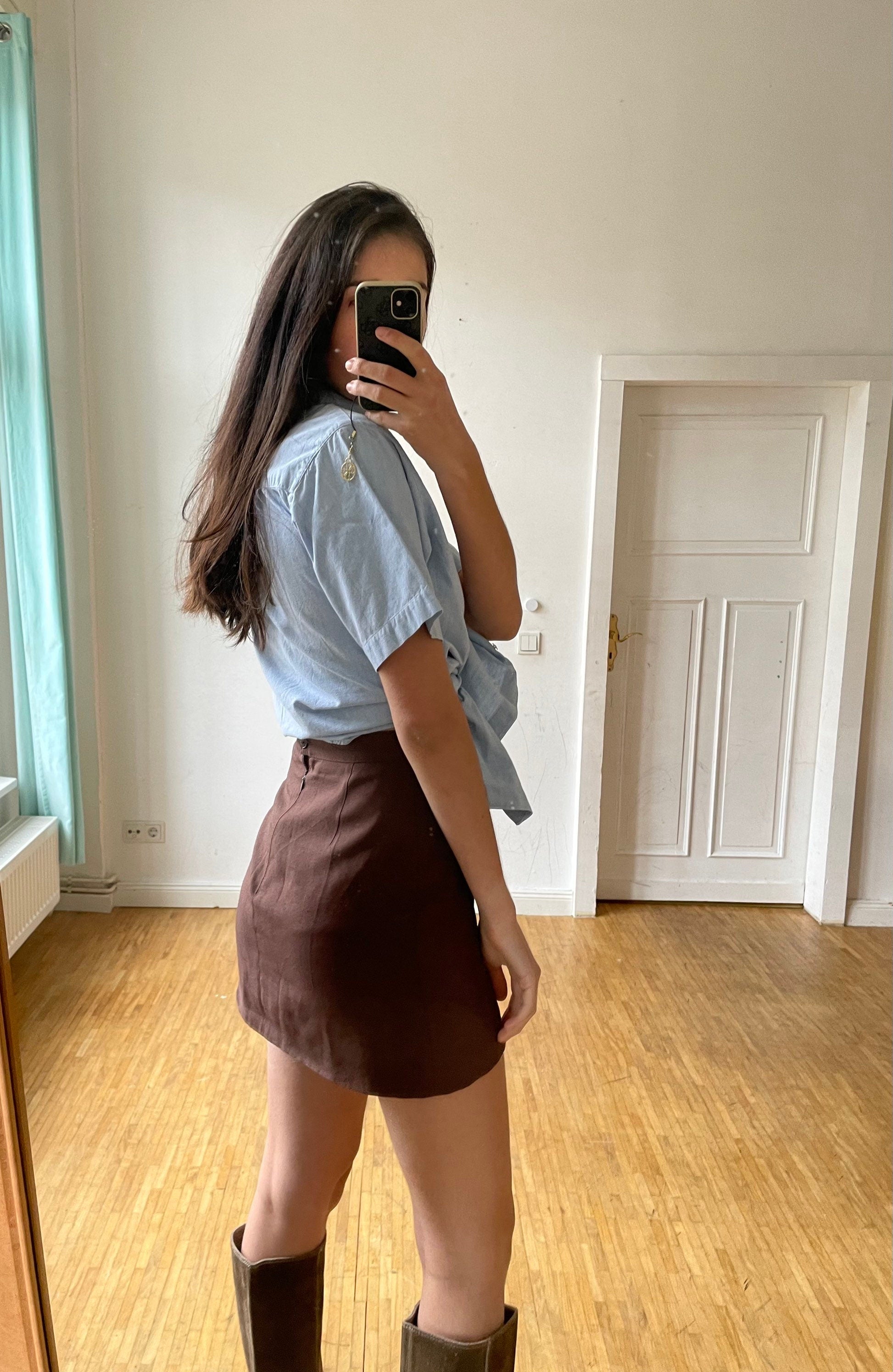 Baby blue oversized blouse with patchwork, Vintage denim women's blouse, Light blue summer top, retro women shirt, Short sleeve button up