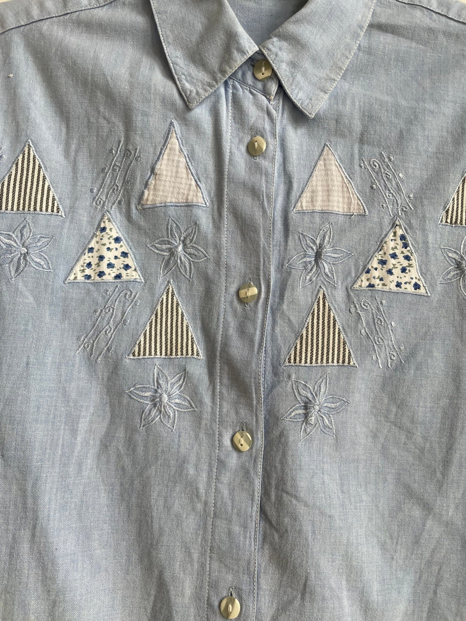 Baby blue oversized blouse with patchwork, Vintage denim women's blouse, Light blue summer top, retro women shirt, Short sleeve button up