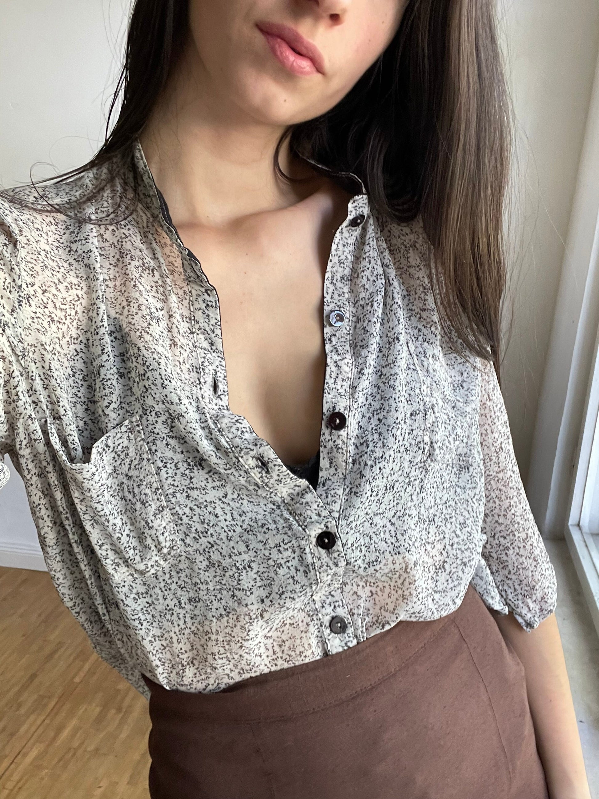 Silk sheer black and white Krizia designer blouse, See through vintage loose floral shirt, Feminine woman top, Vintage button up blouse