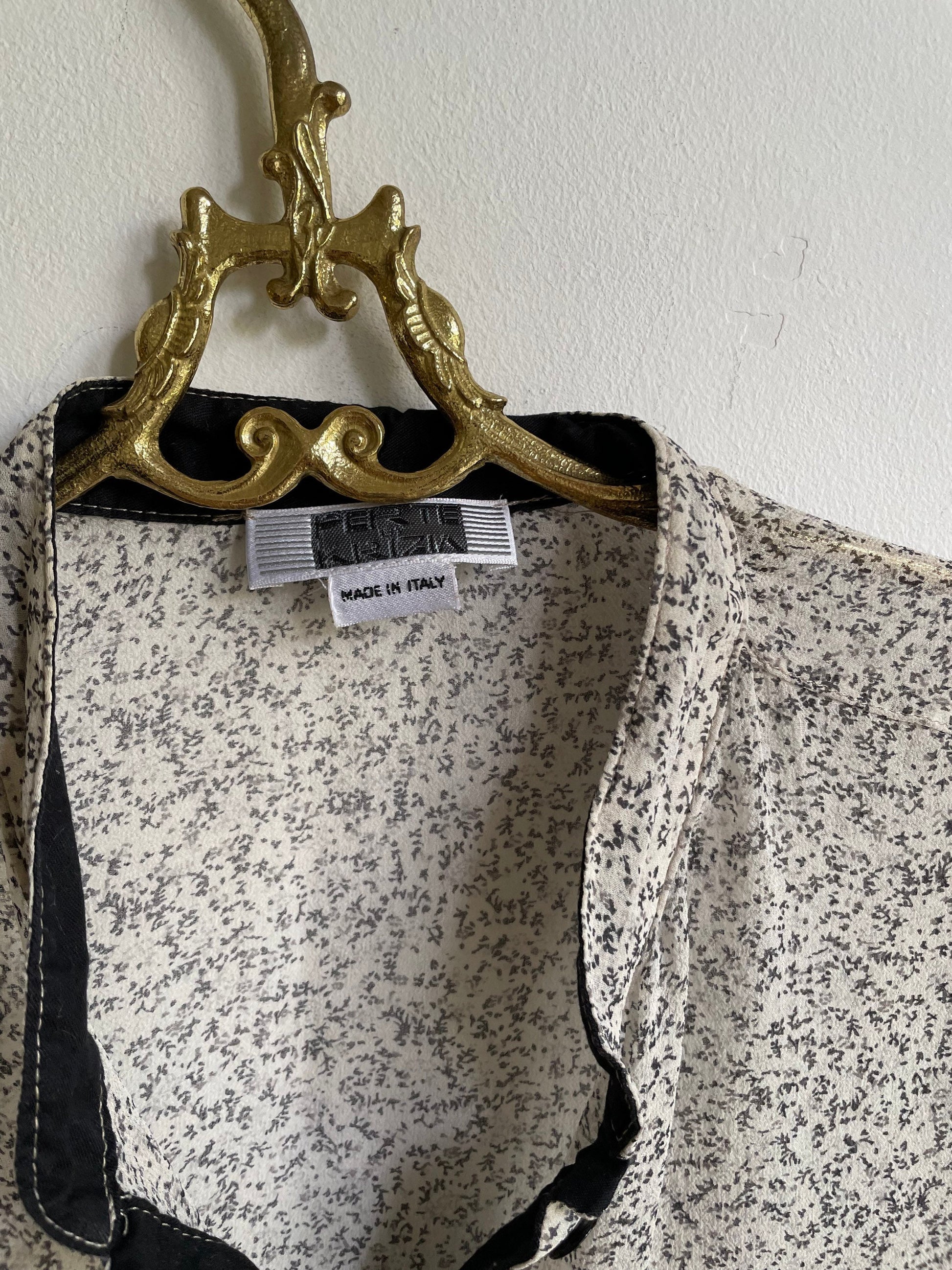 Silk sheer black and white Krizia designer blouse, See through vintage loose floral shirt, Feminine woman top, Vintage button up blouse