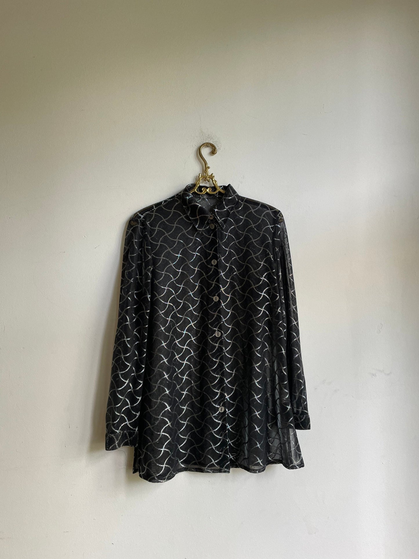 Vintage black see through woman blouse, Sheer black blouse with silver detailing, Retro glitter women blouse, Couture Punk shirt,