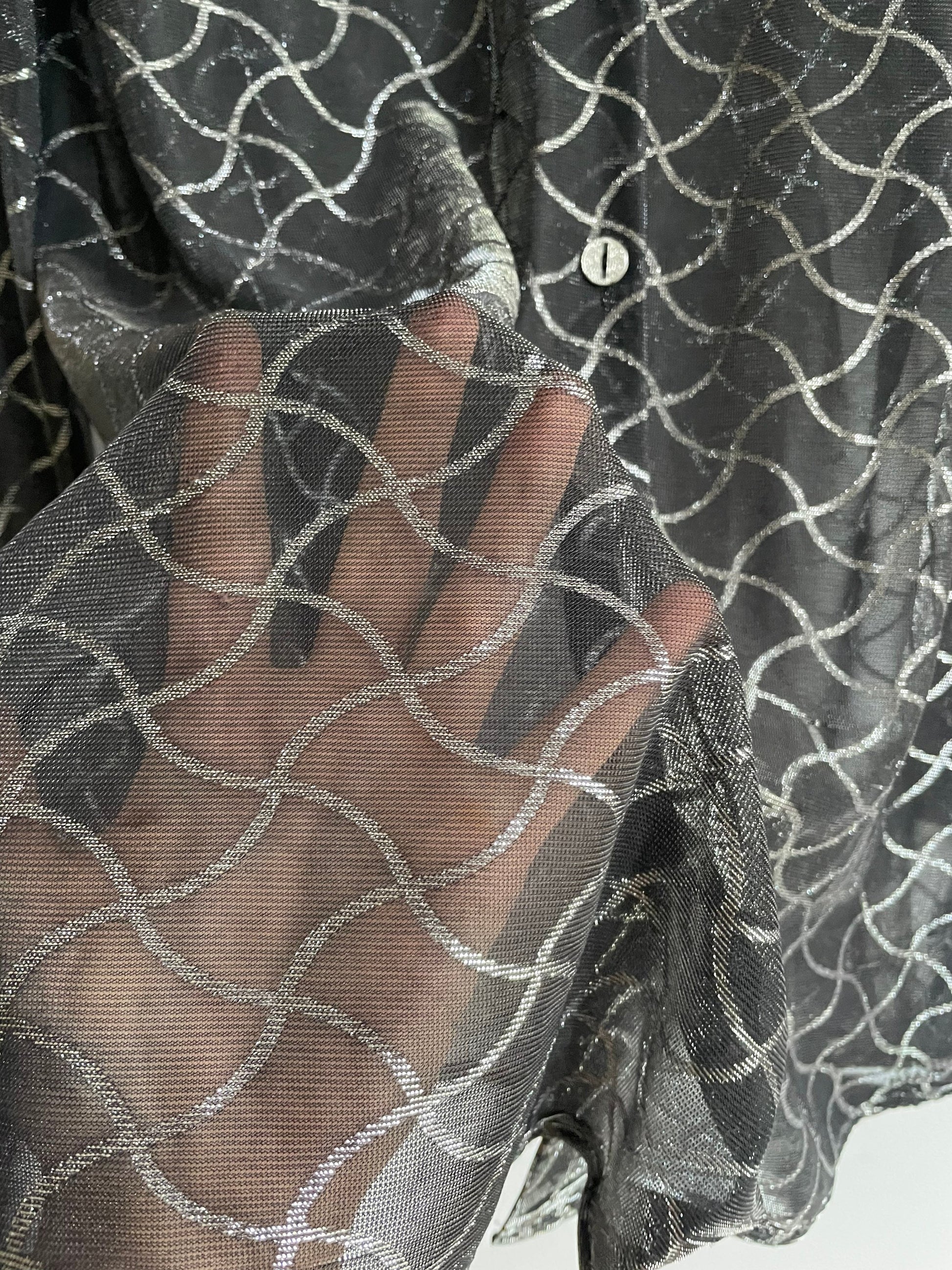 Vintage black see through woman blouse, Sheer black blouse with silver detailing, Retro glitter women blouse, Couture Punk shirt,