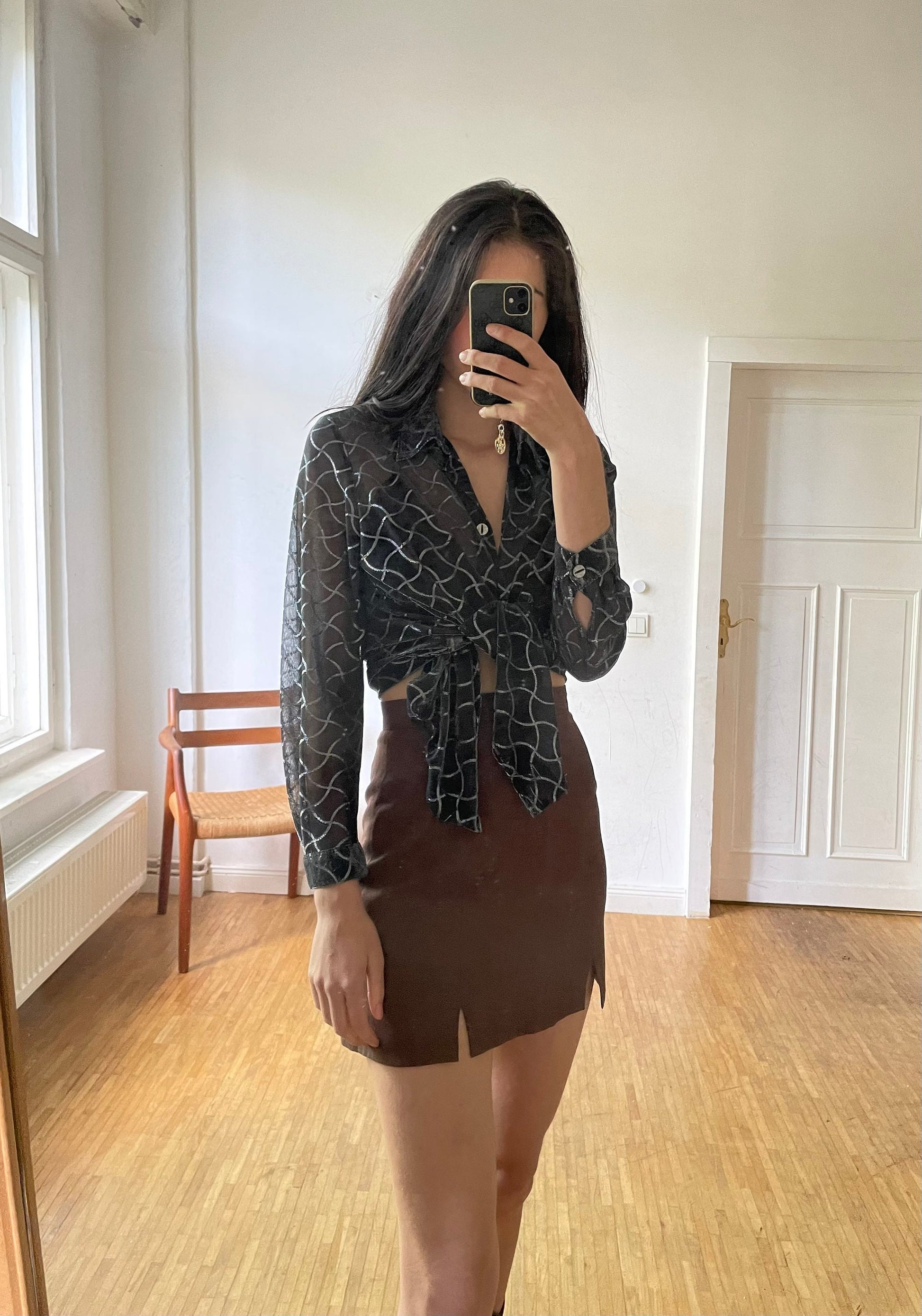 Vintage black see through woman blouse, Sheer black blouse with silver detailing, Retro glitter women blouse, Couture Punk shirt,