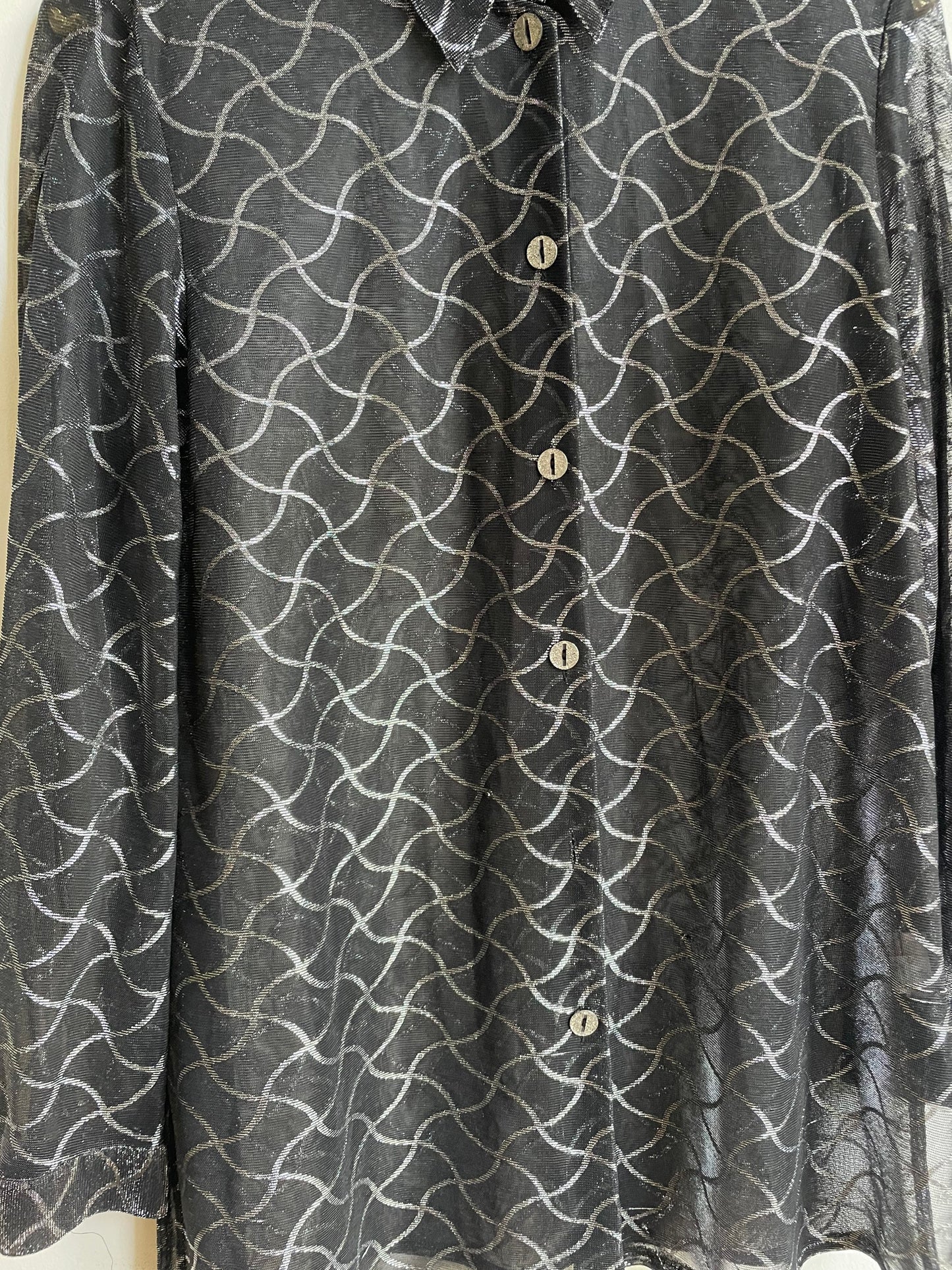 Vintage black see through woman blouse, Sheer black blouse with silver detailing, Retro glitter women blouse, Couture Punk shirt,