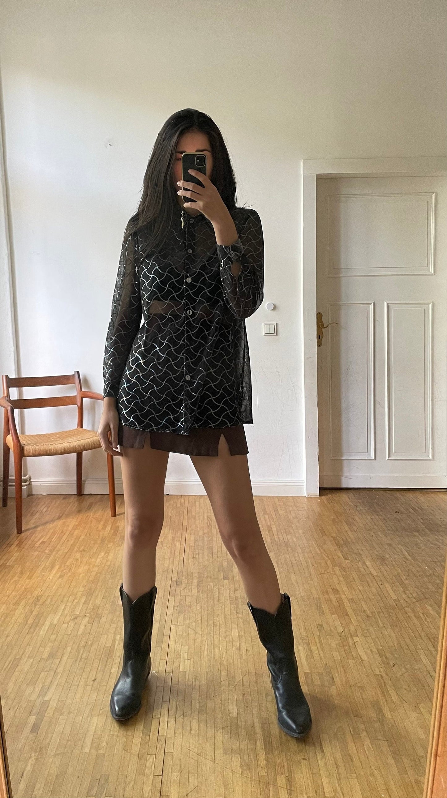 Vintage black see through woman blouse, Sheer black blouse with silver detailing, Retro glitter women blouse, Couture Punk shirt,