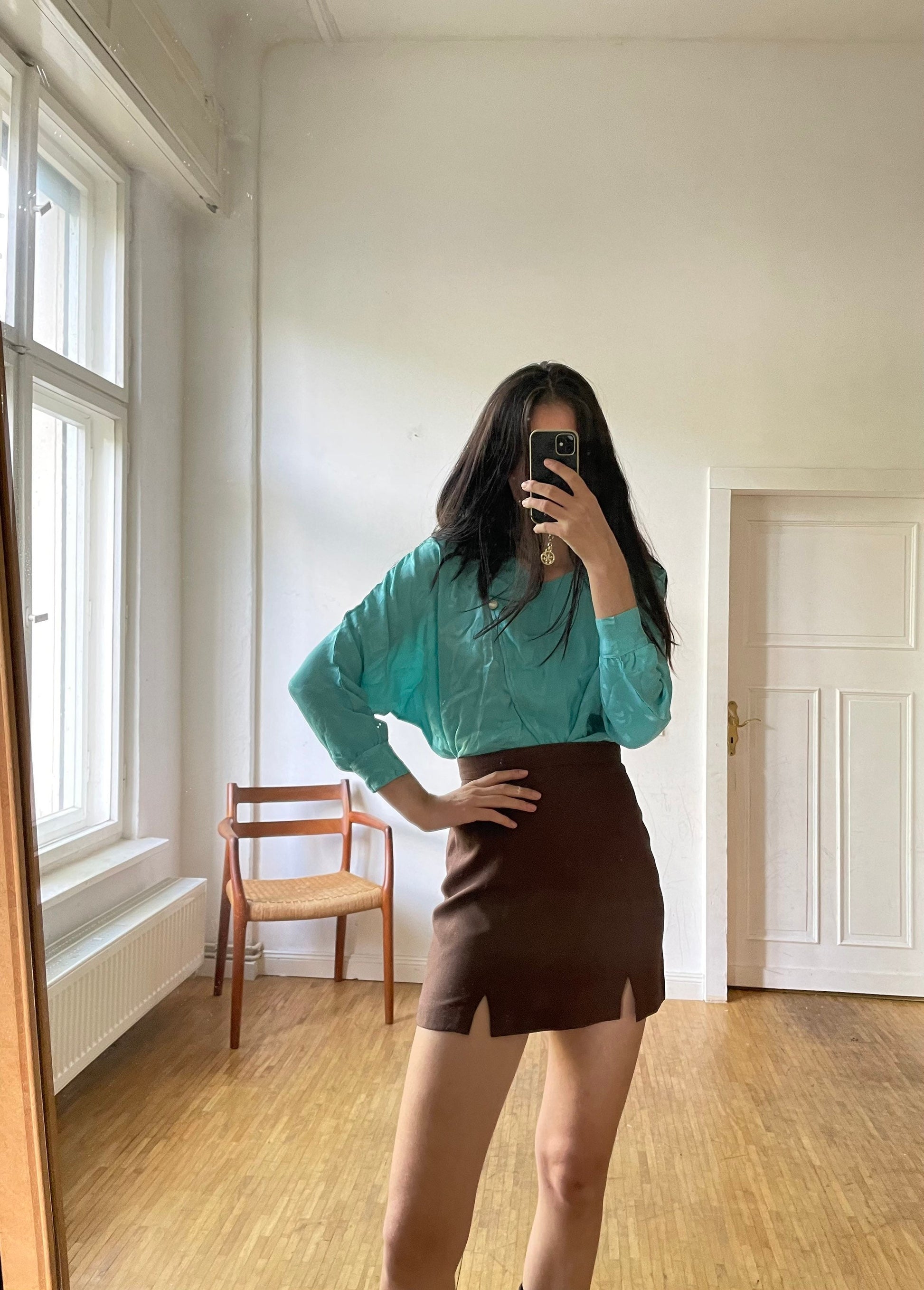 Silk petrol blouse, Green blue vintage top, Retro women's shirt, Turquoise long sleeve woman blouse, Secretary frill blouse, M