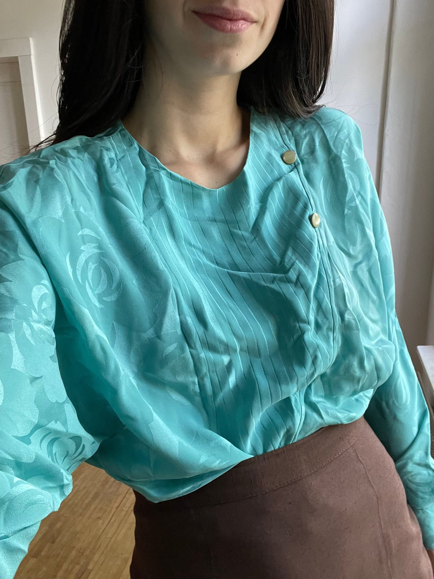 Silk petrol blouse, Green blue vintage top, Retro women's shirt, Turquoise long sleeve woman blouse, Secretary frill blouse, M