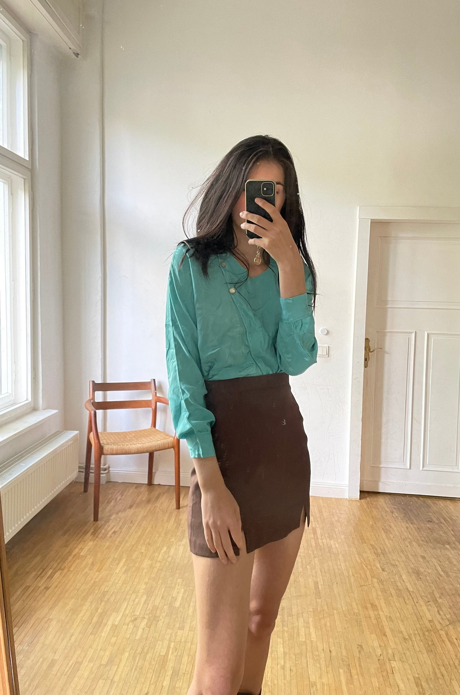 Silk petrol blouse, Green blue vintage top, Retro women's shirt, Turquoise long sleeve woman blouse, Secretary frill blouse, M