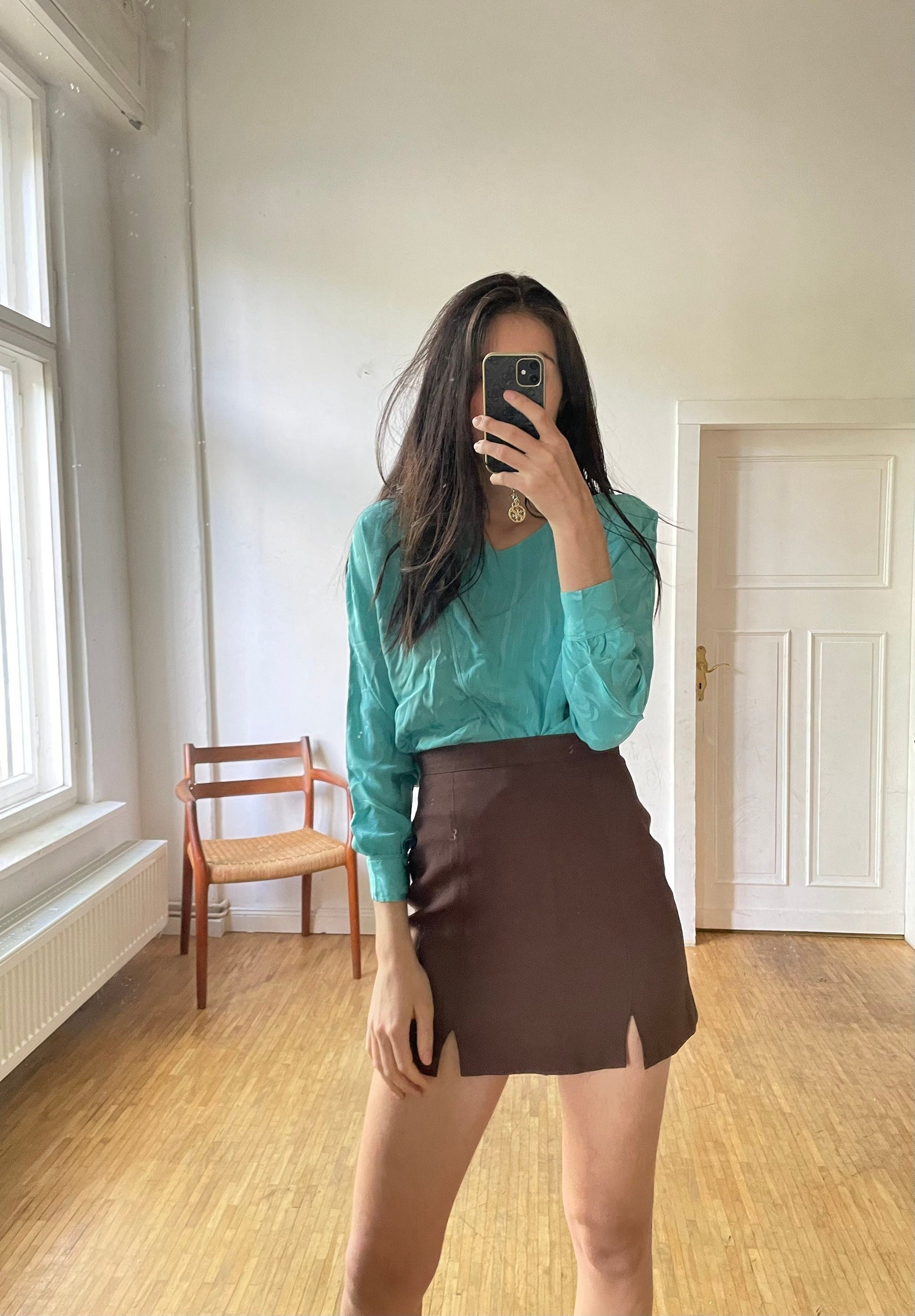 Silk petrol blouse, Green blue vintage top, Retro women's shirt, Turquoise long sleeve woman blouse, Secretary frill blouse, M