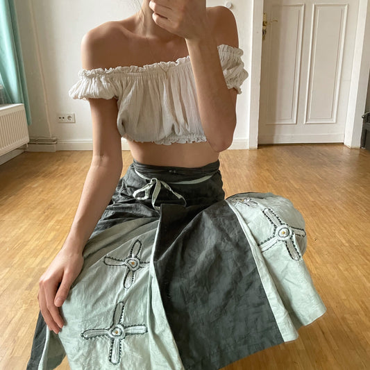 Handmade Sarong with embroidered cross, Vintage green summer skirt, costume, church clothing,