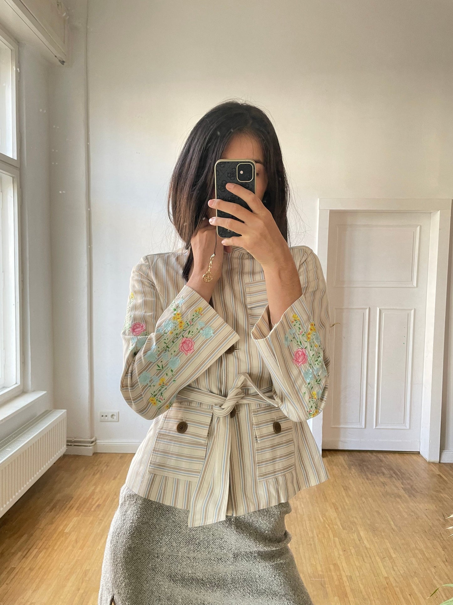 Diane von Furstenberg summer blazer jacket, Striped designer jacket with floral embroidering, Spring designer jacket