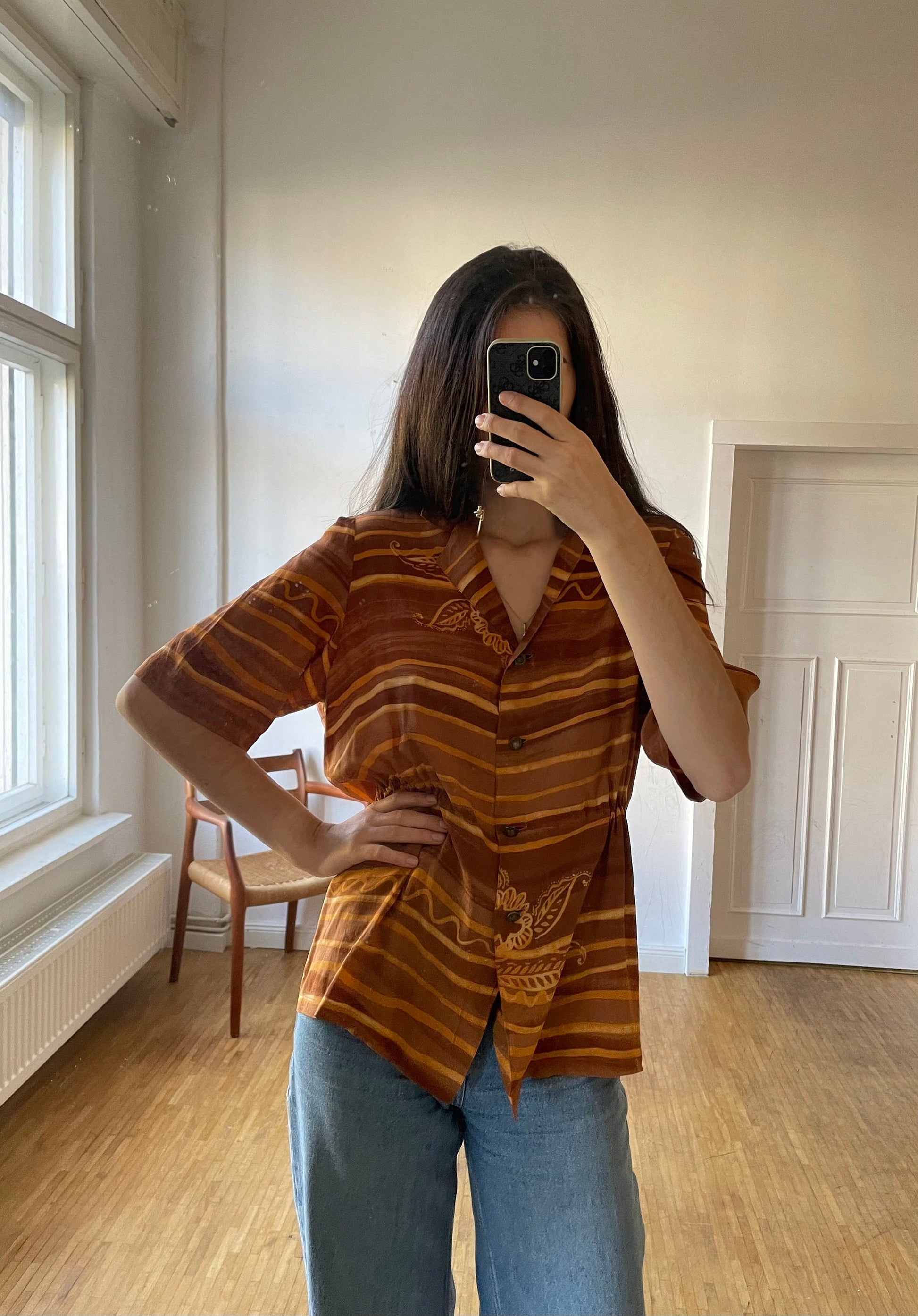 Retro 70s Burnt orange blouse woman blouse, Vintage relaxed shirt, Retro beach shirt, Oversized comfortable summer blouse, Long shirt
