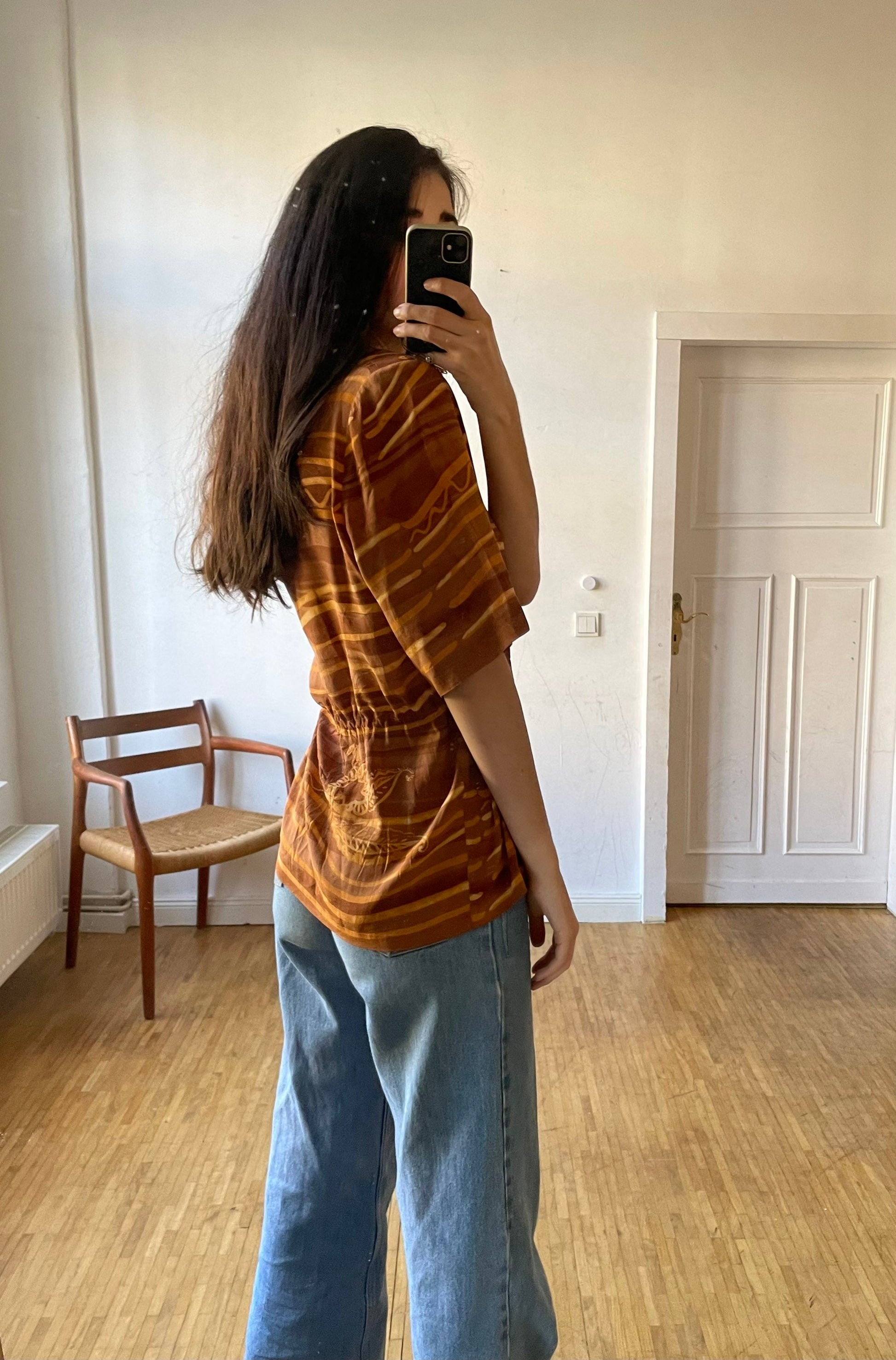 Retro 70s Burnt orange blouse woman blouse, Vintage relaxed shirt, Retro beach shirt, Oversized comfortable summer blouse, Long shirt