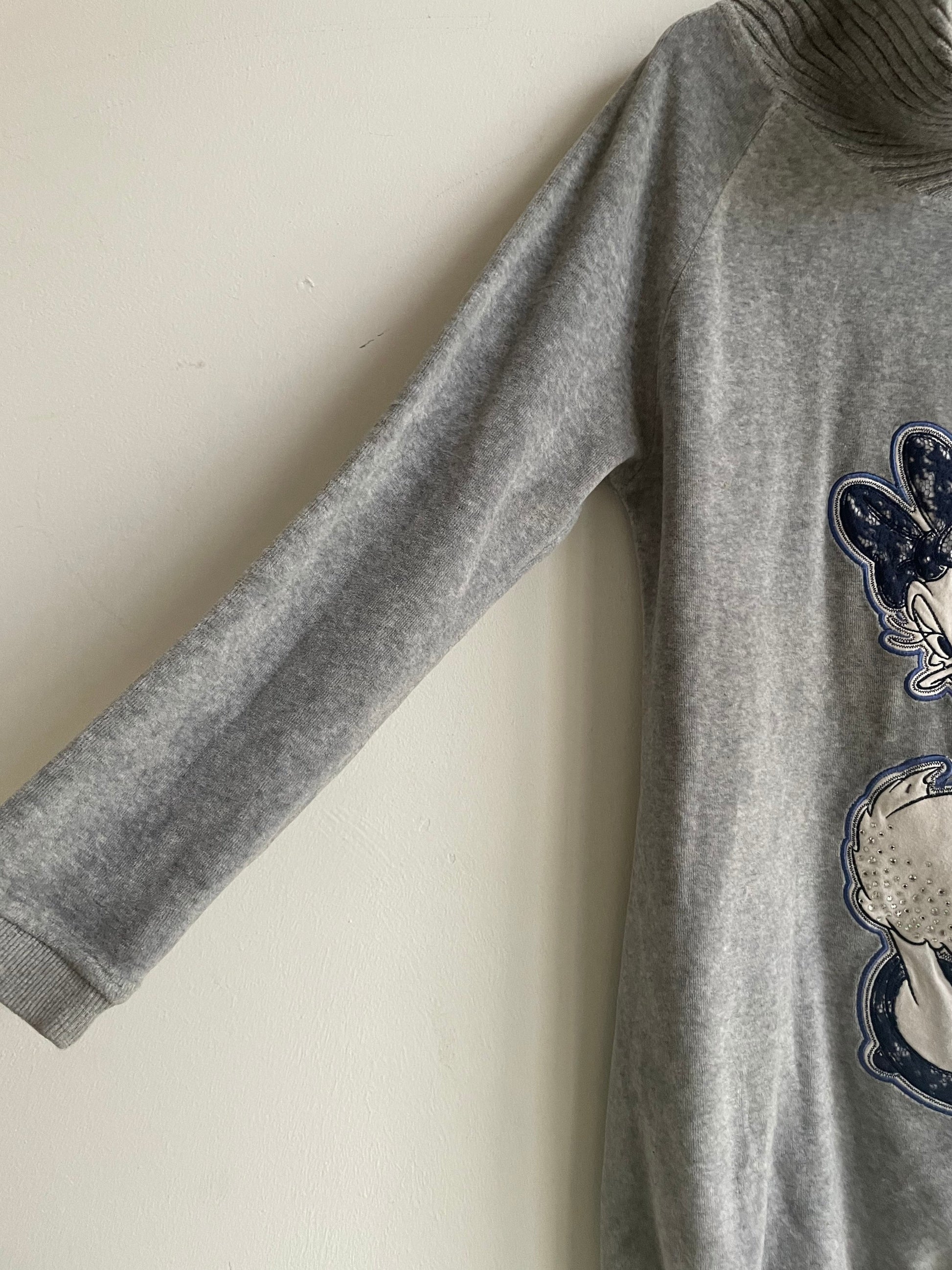 Vintage Disney Daisy Duck Kids Pullover Sweater, 1990s Grey Turtleneck Jumper, Size 10 (140), Lace & Sequin Embellishments
