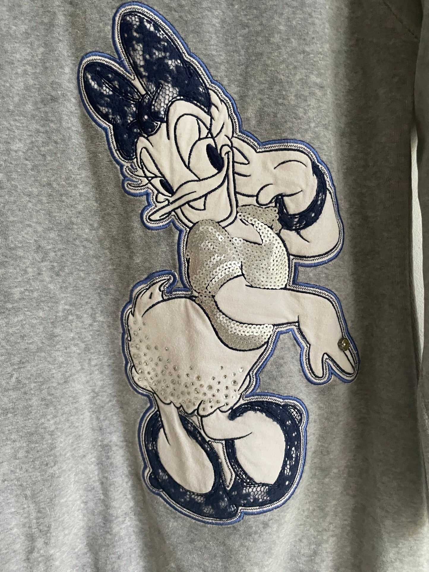 Vintage Disney Daisy Duck Kids Pullover Sweater, 1990s Grey Turtleneck Jumper, Size 10 (140), Lace & Sequin Embellishments