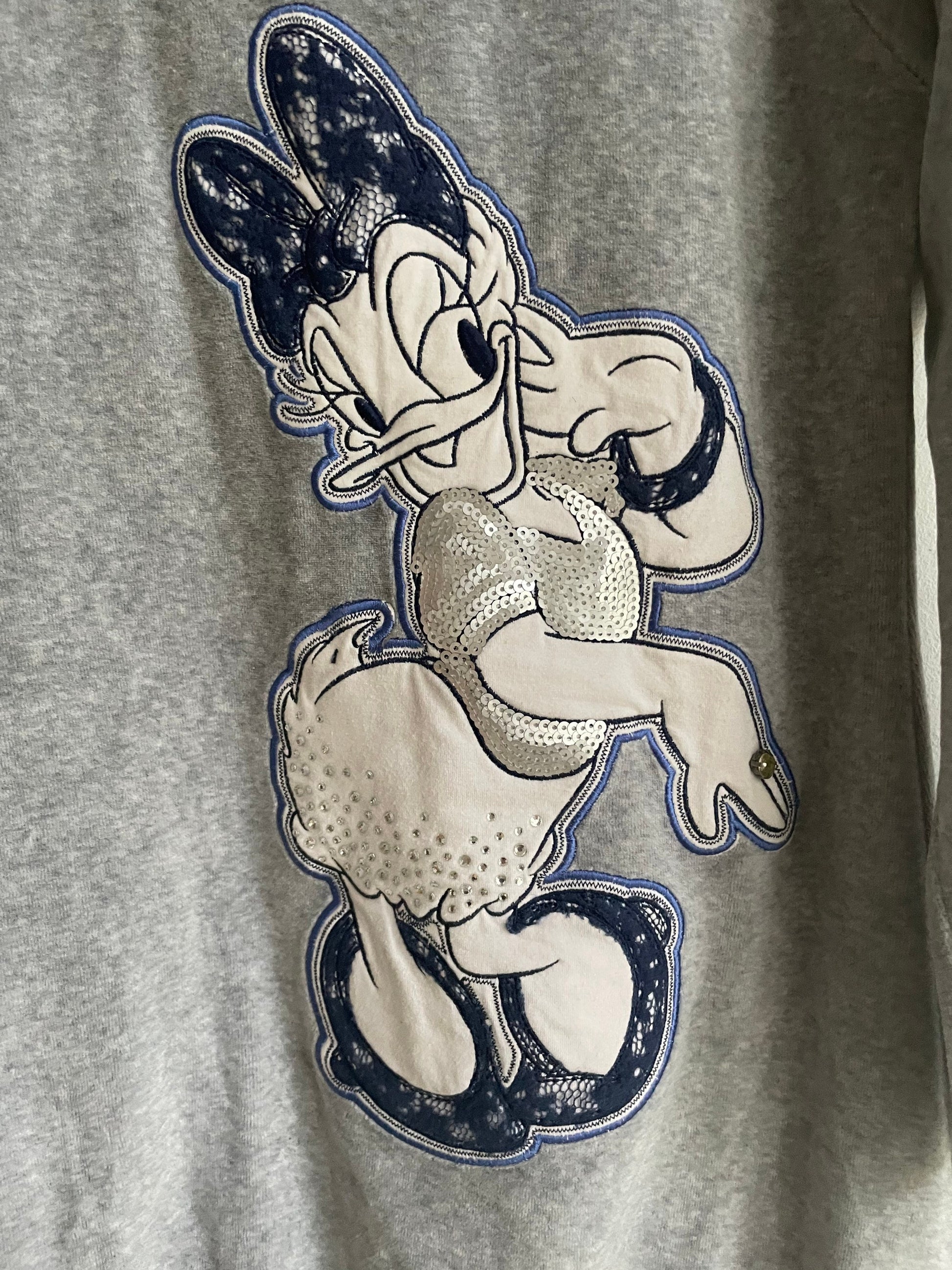 Vintage Disney Daisy Duck Kids Pullover Sweater, 1990s Grey Turtleneck Jumper, Size 10 (140), Lace & Sequin Embellishments