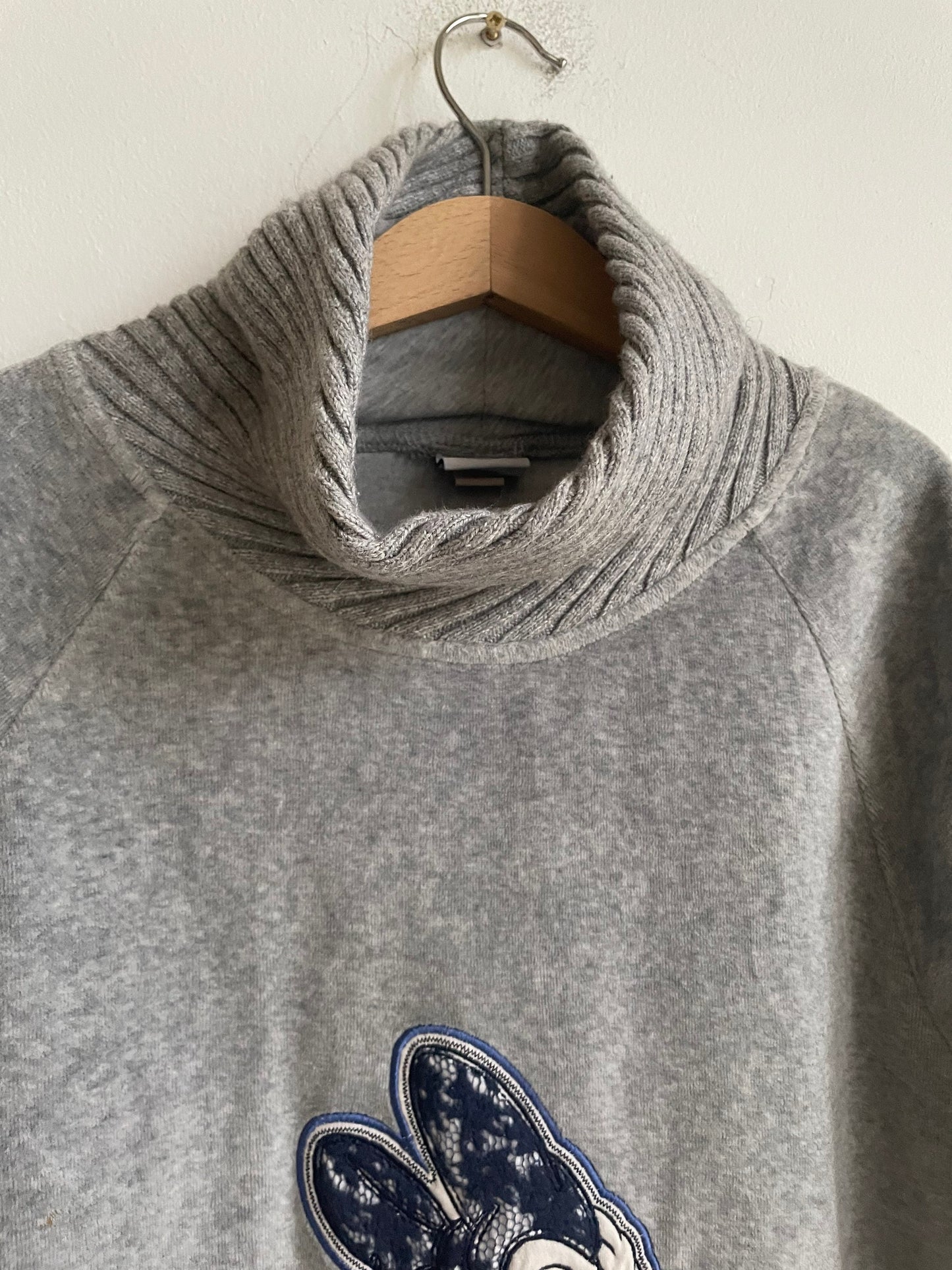 Vintage Disney Daisy Duck Kids Pullover Sweater, 1990s Grey Turtleneck Jumper, Size 10 (140), Lace & Sequin Embellishments