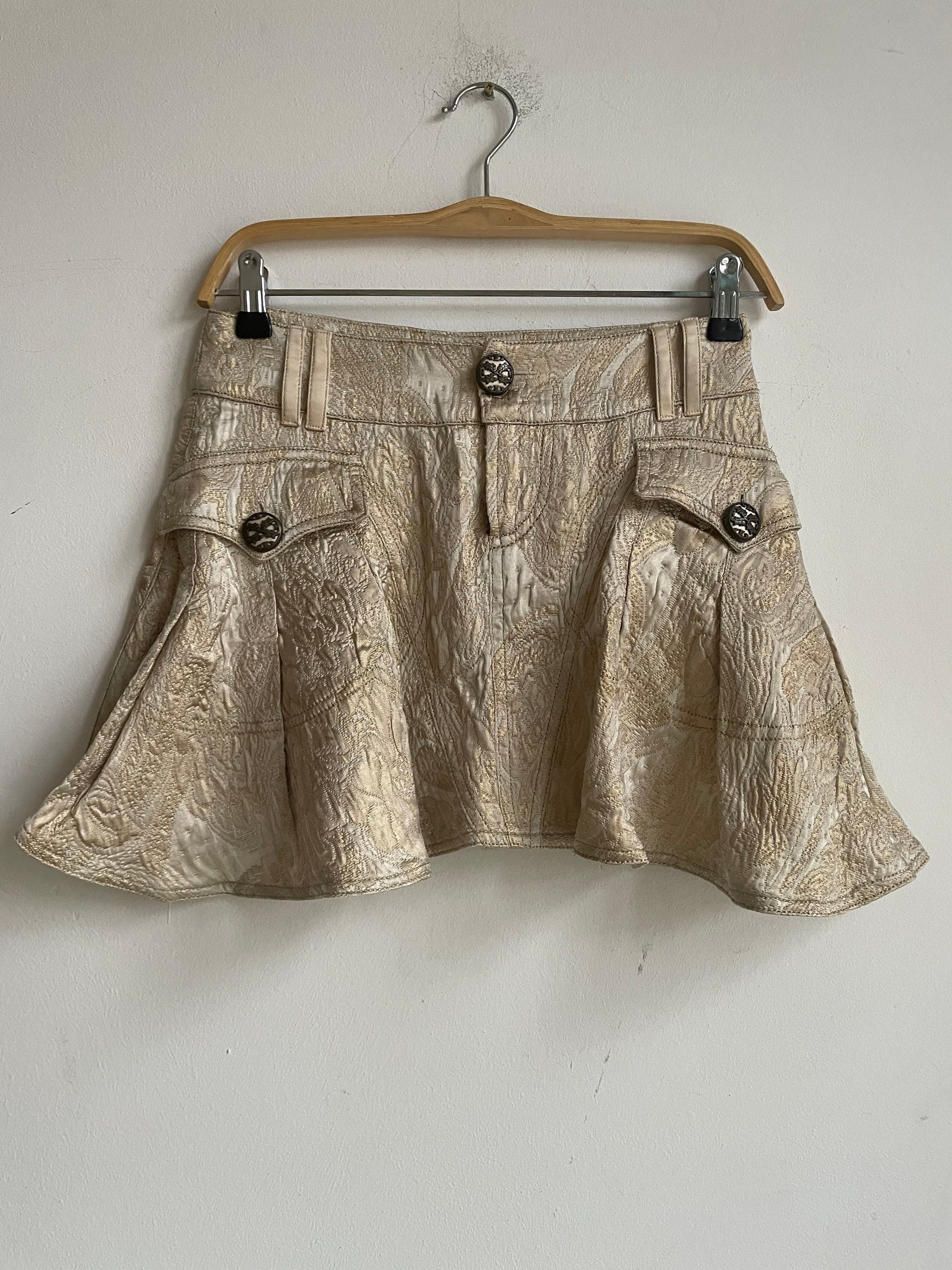 Roberto Cavalli Gold Brocade Mini Skirt – Vintage Y2K Designer Skirt Paris Hilton Style – Baroque Metallic Statement Piece – Italian Luxury