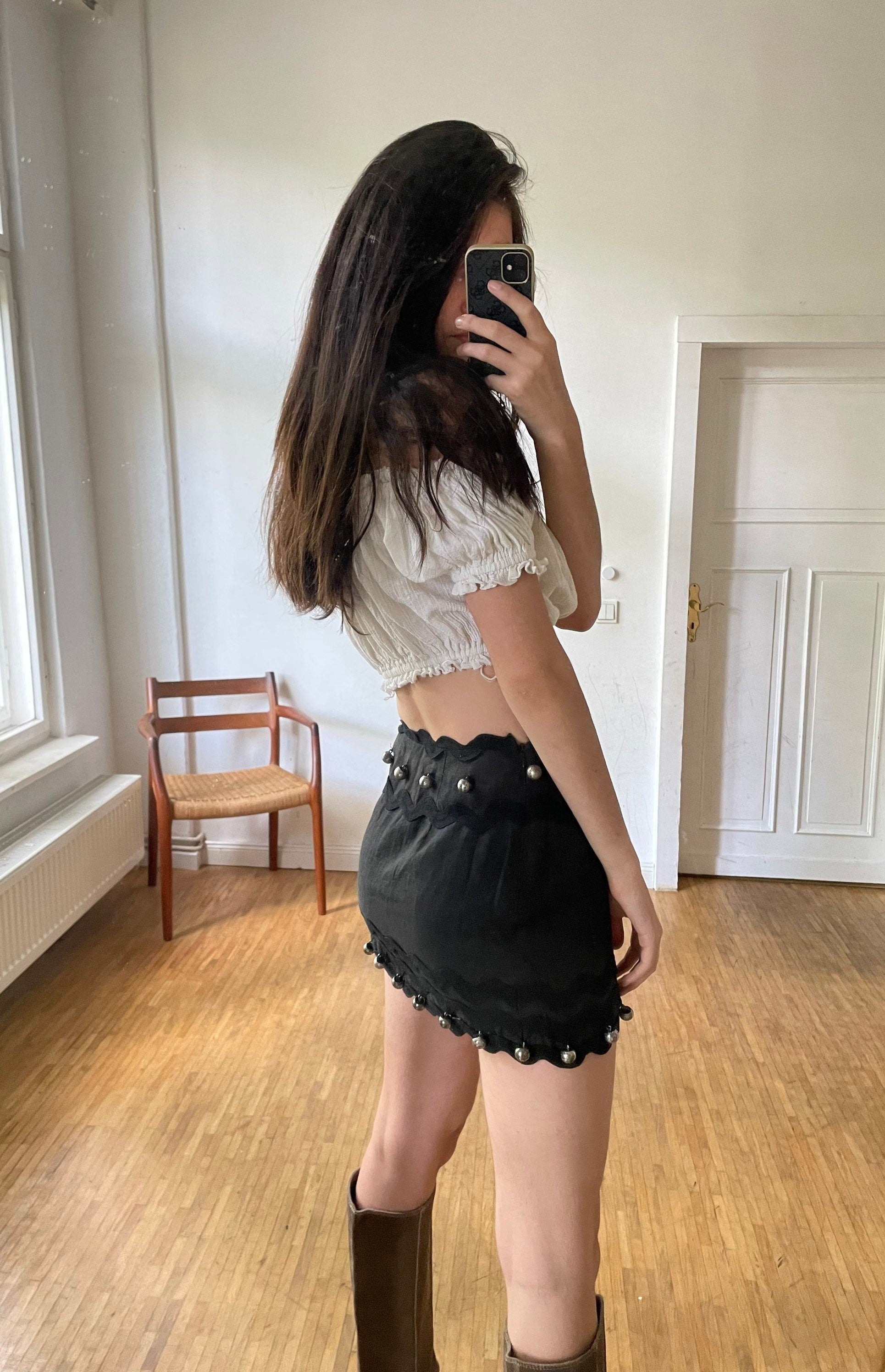 Vintage Moschino cheap and chic mini skirt, Designer mini skirt, Black festive decorated mini skirt, Unique design runway skirt