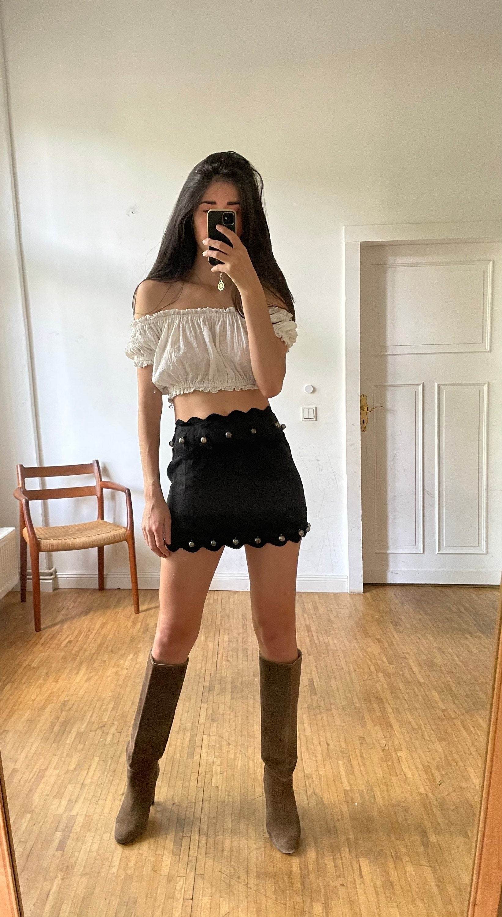 Vintage Moschino black linen mini skirt – silver jingle ball trim, size 36 fit, playful and rare piece, cheap and chic mini skirt, designer