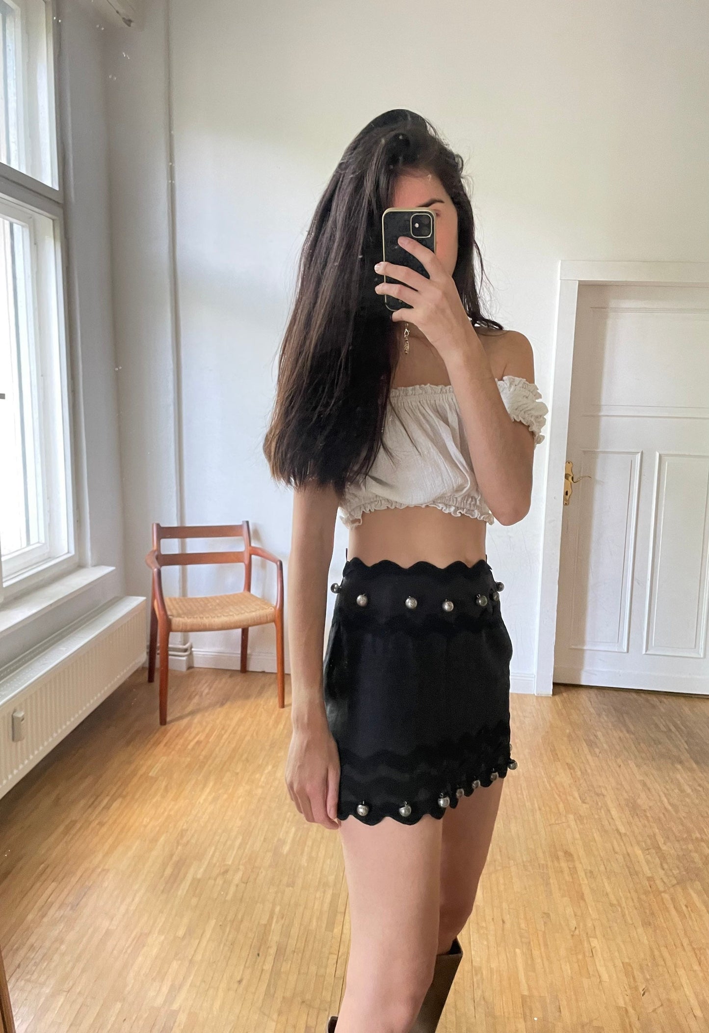 Vintage Moschino cheap and chic mini skirt, Designer mini skirt, Black festive decorated mini skirt, Unique design runway skirt