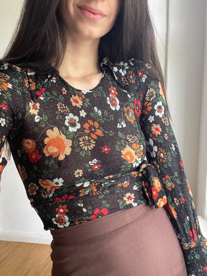70s Black Lycra Floral Top — additional view 10