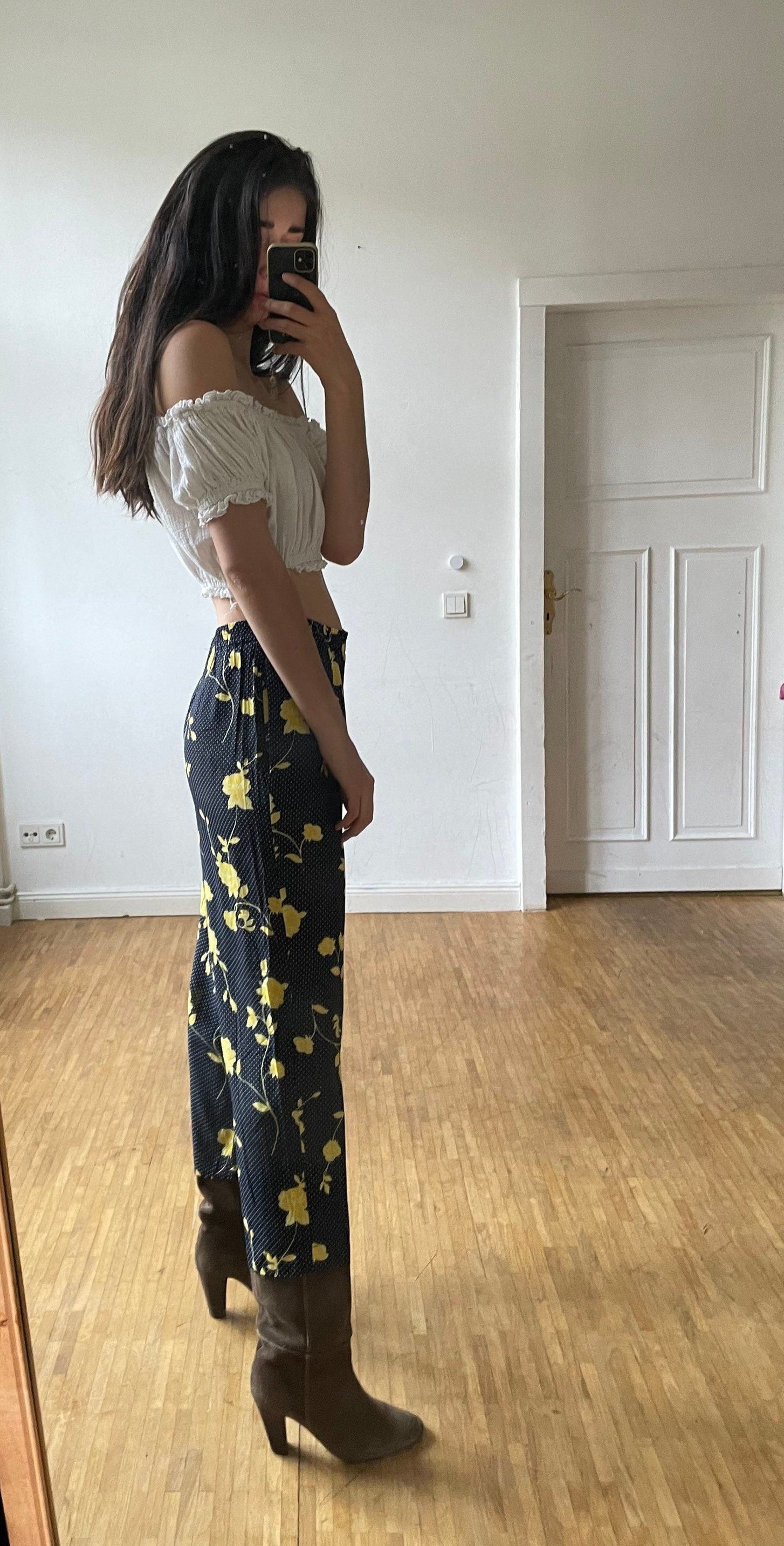 Vintage Floral Trousers High Waist 3/4 Pants Cottagecore Bloomcore Summer Retro Clothing Size L 42