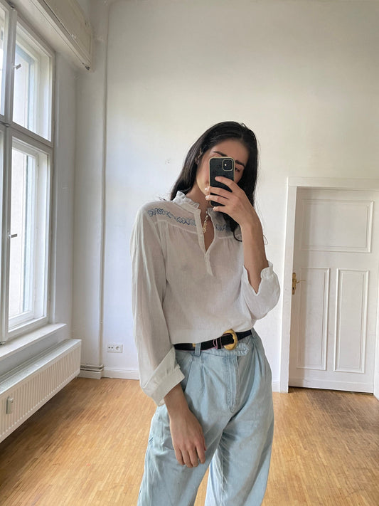 French antique blouse, Cottage core white top, Edwardian sheer white summer blouse, Hungarian folklore blouse,