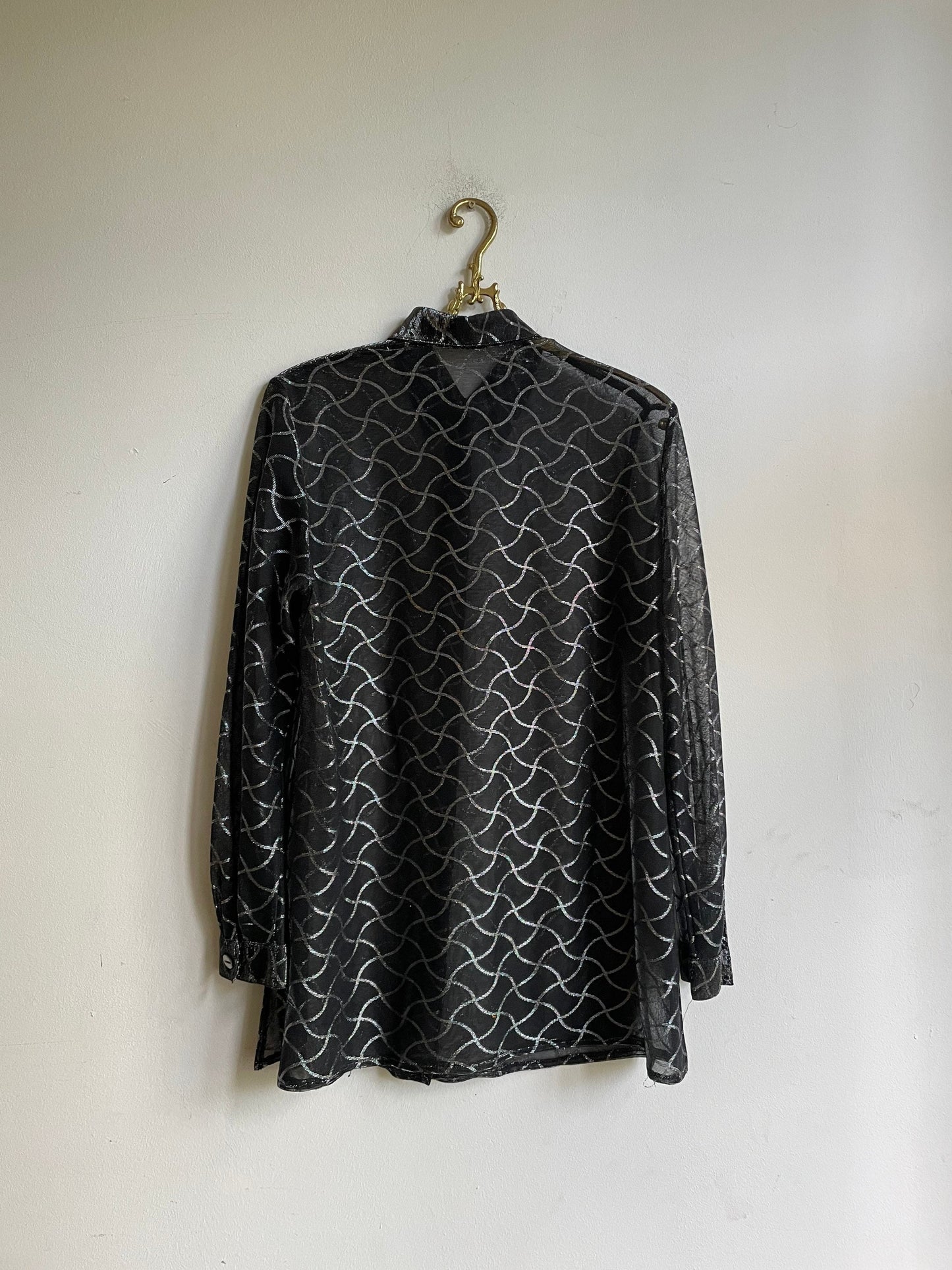 Vintage black see through woman blouse, Sheer black blouse with silver detailing, Retro glitter women blouse, Couture Punk shirt,