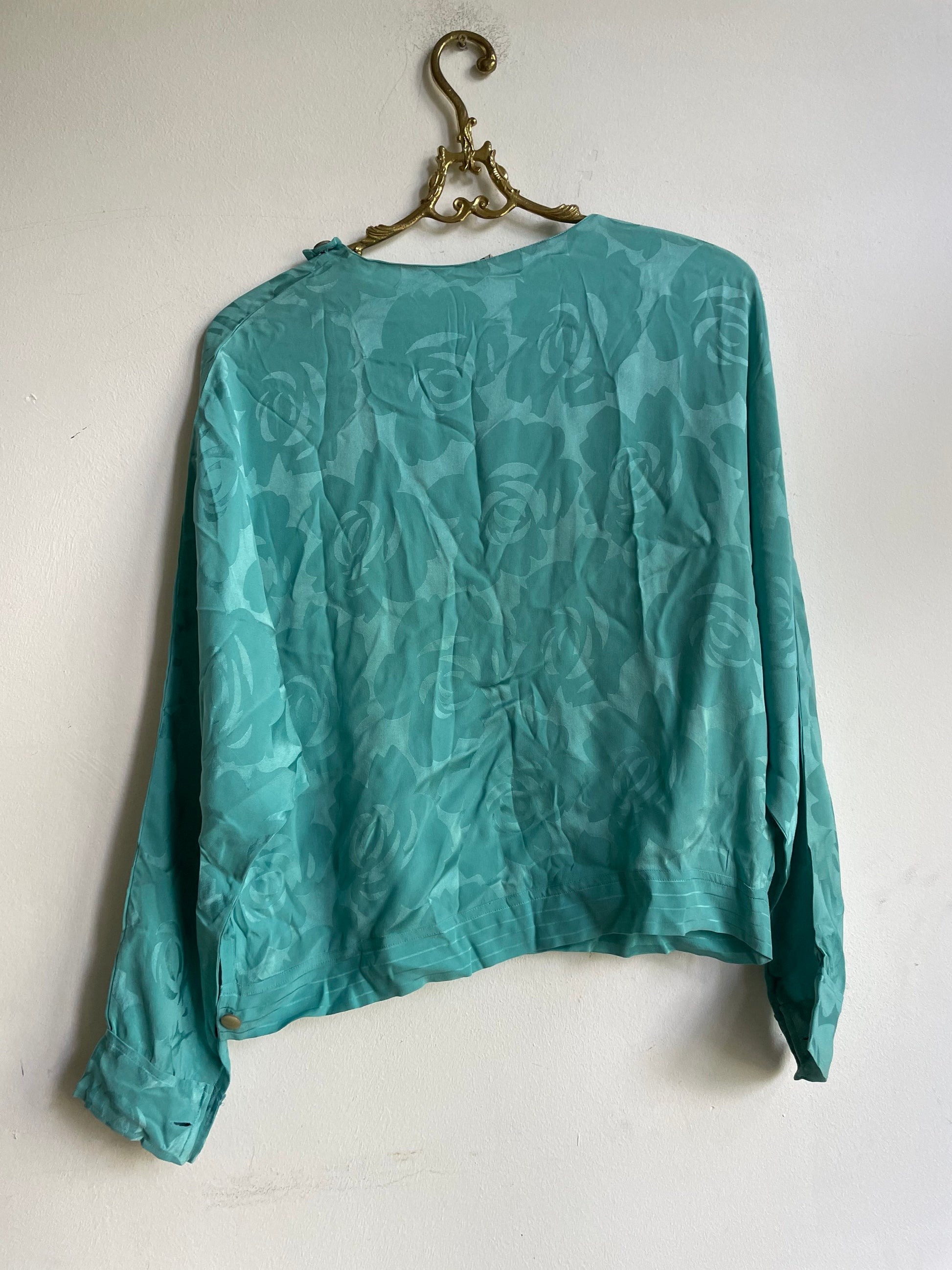 Silk petrol blouse, Green blue vintage top, Retro women's shirt, Turquoise long sleeve woman blouse, Secretary frill blouse, M