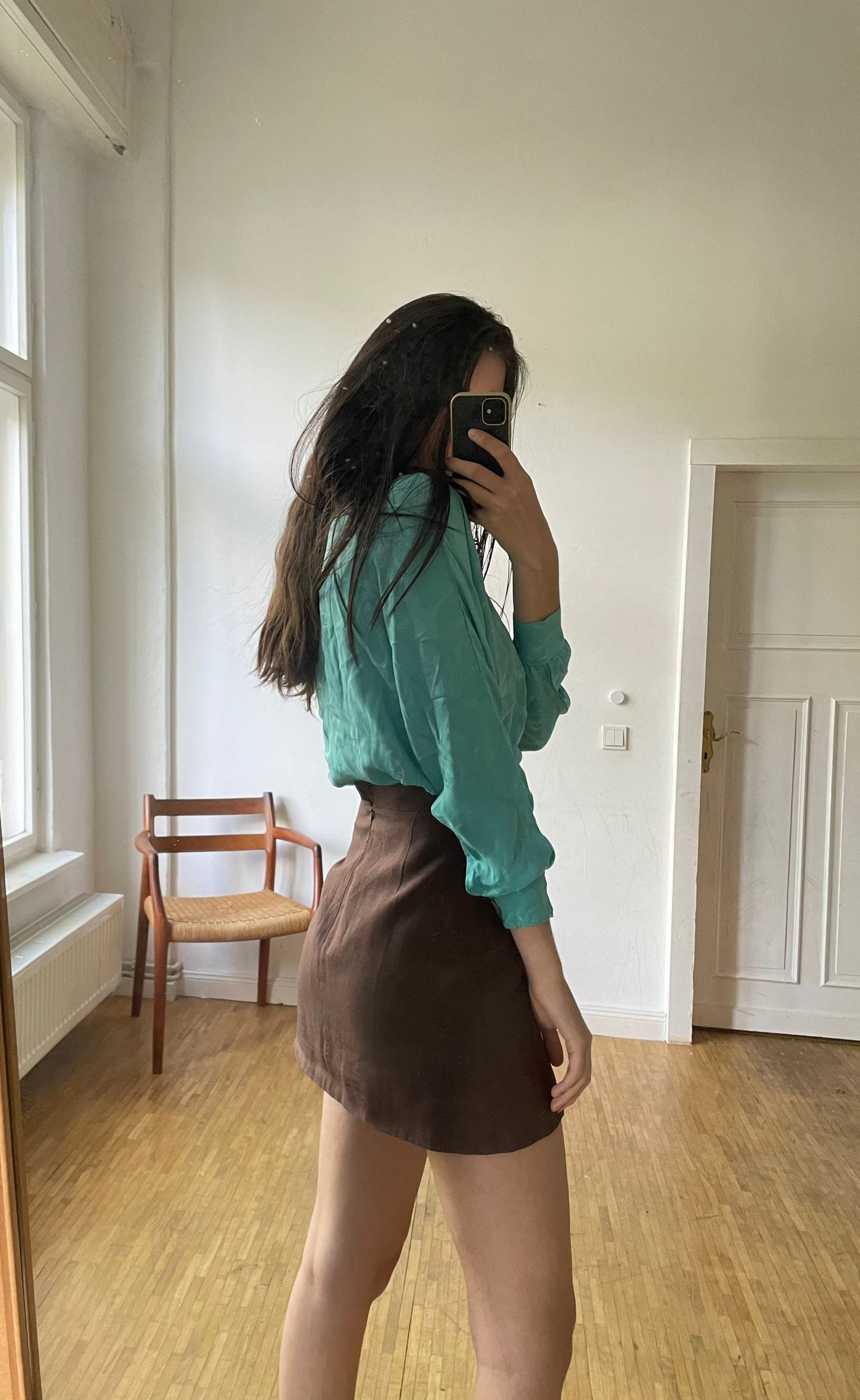 Silk petrol blouse, Green blue vintage top, Retro women's shirt, Turquoise long sleeve woman blouse, Secretary frill blouse, M