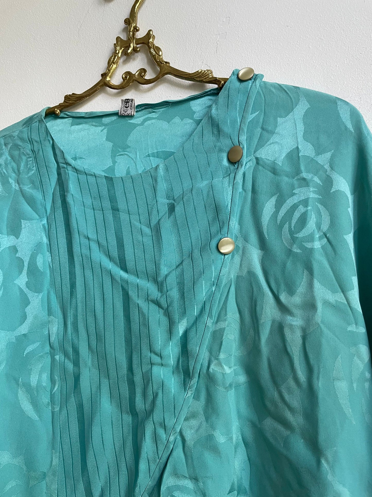 Silk petrol blouse, Green blue vintage top, Retro women's shirt, Turquoise long sleeve woman blouse, Secretary frill blouse, M