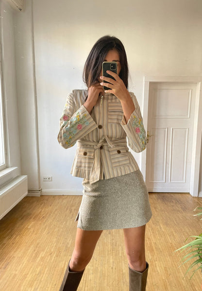 Striped Floral Embroidered Summer Blazer — fabric close-up