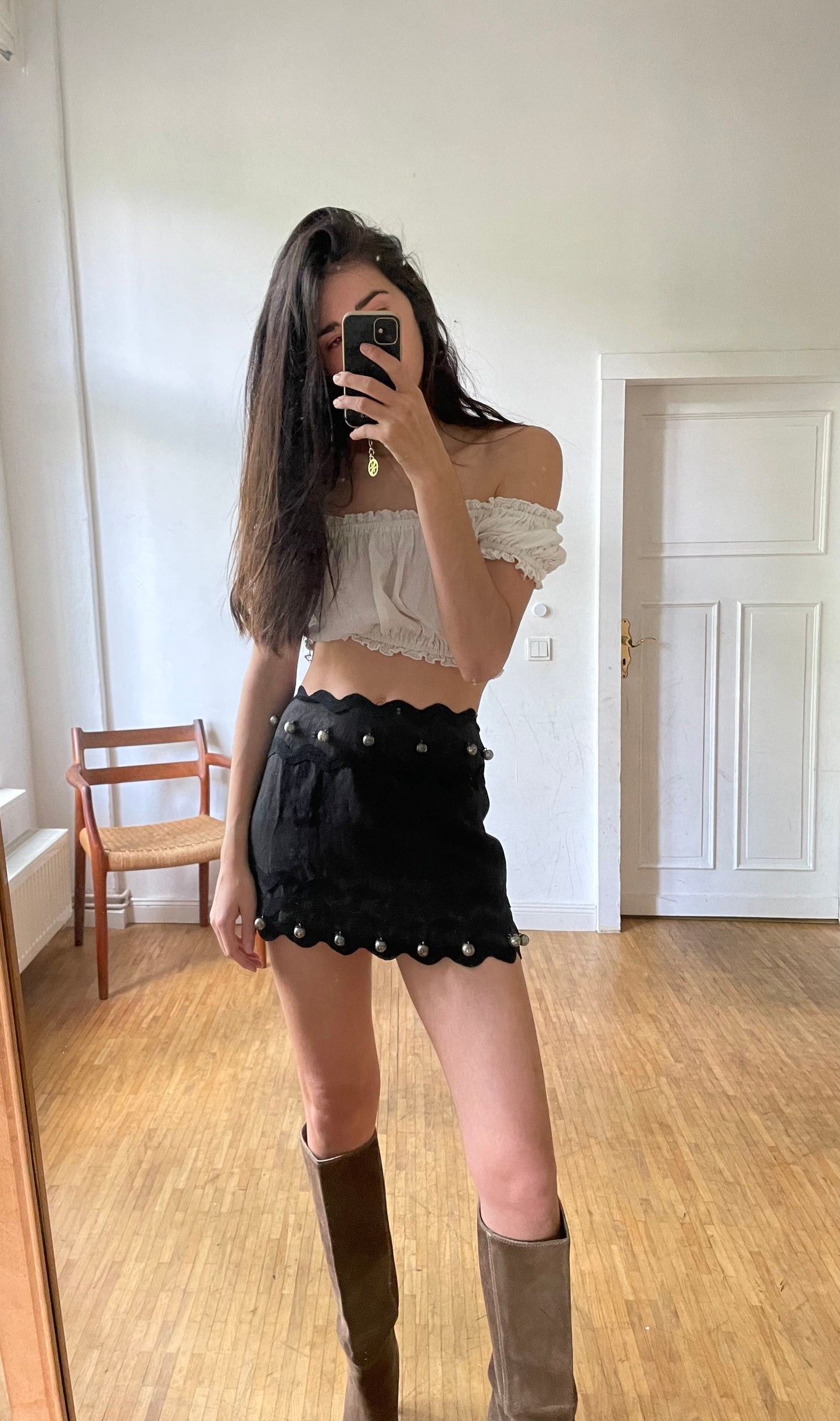 Vintage Moschino black linen mini skirt – silver jingle ball trim, size 36 fit, playful and rare piece, cheap and chic mini skirt, designer