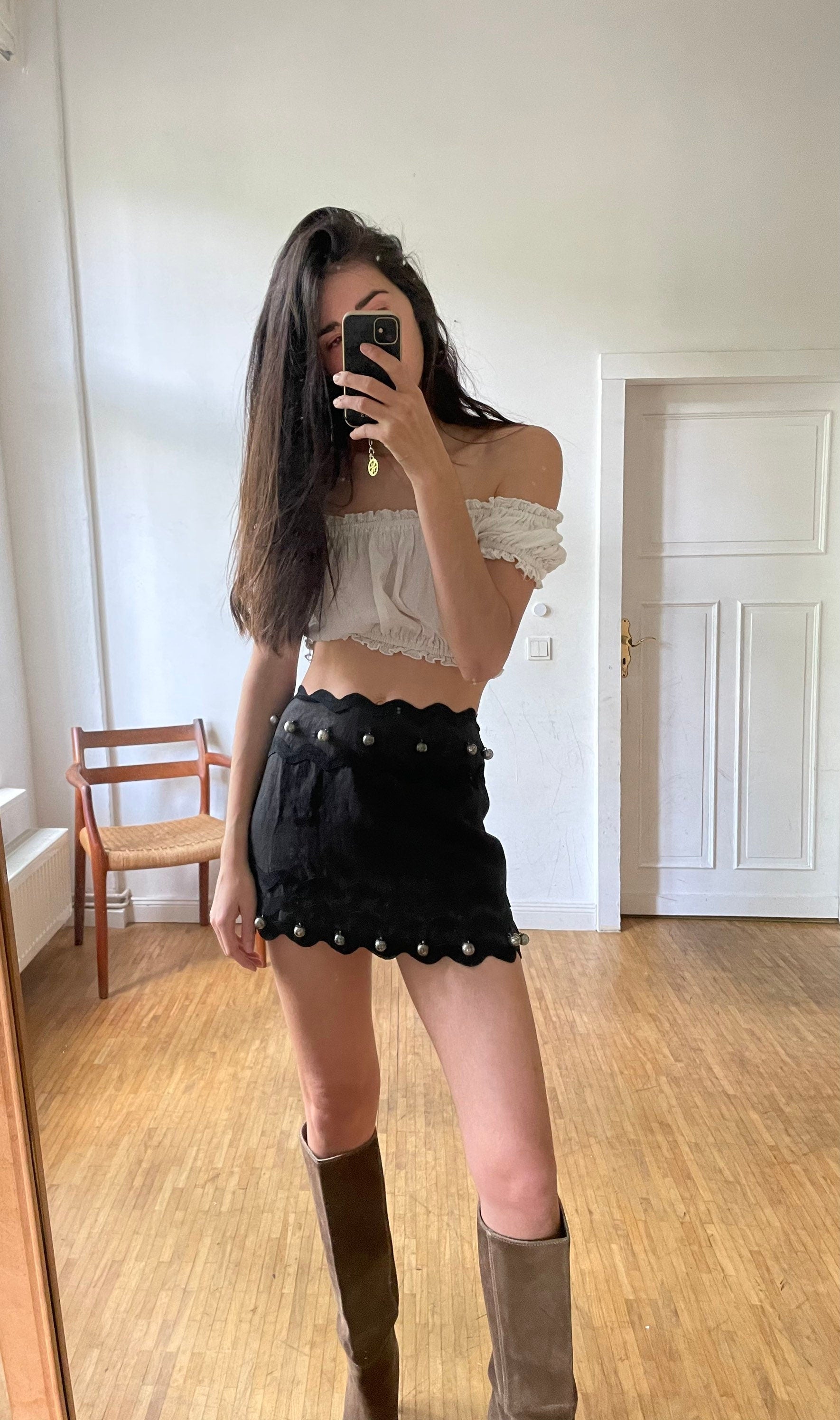 Vintage Moschino black linen mini skirt – silver jingle ball trim, size 36 fit, playful and rare piece, cheap and chic mini skirt, designer