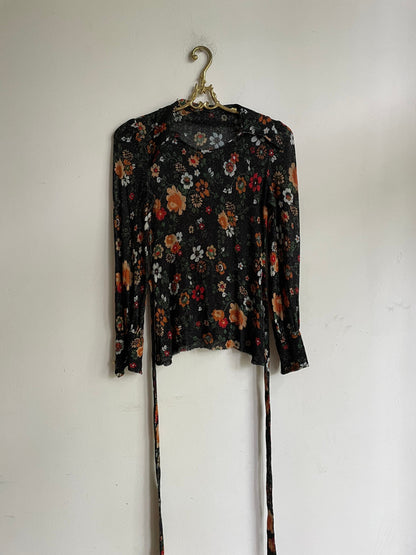 70s Black Lycra Floral Top — fabric close-up