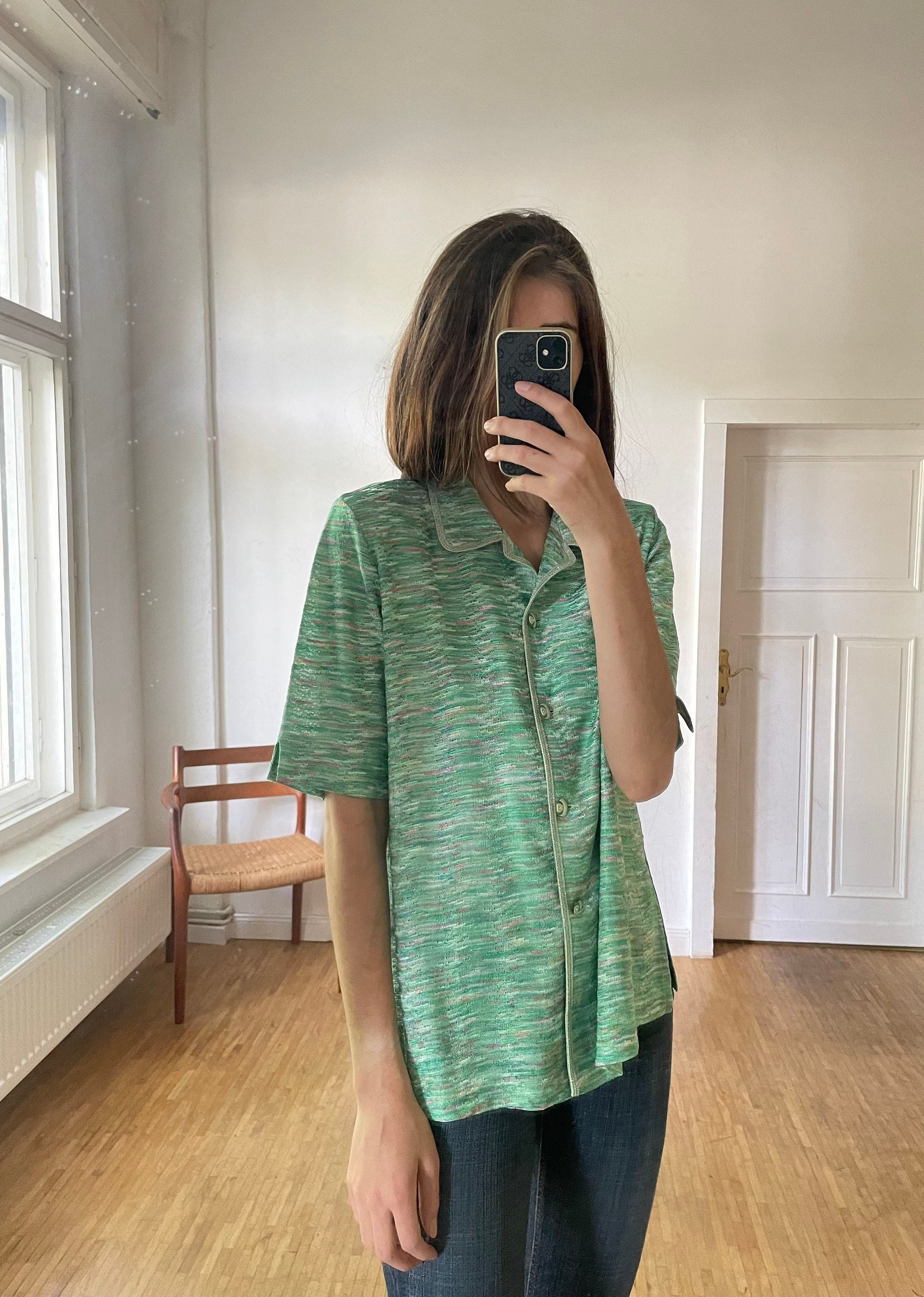 Vintage Green Tropical Summer Blouse, 80s Sheer Short Sleeve Feminine Shirt, Glittery Button-Up, Removable Padded Shoulders, M-L