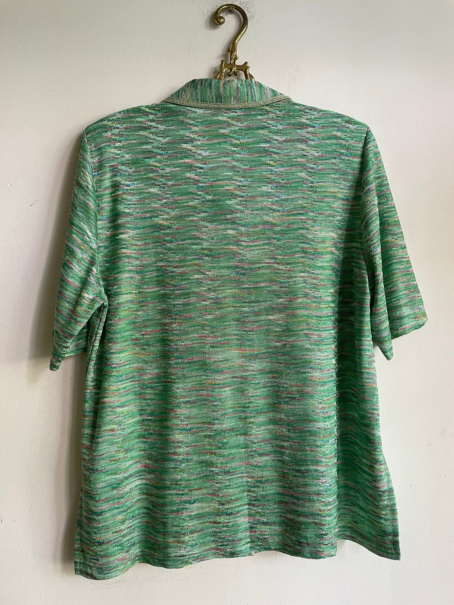 Vintage Green Tropical Summer Blouse, 80s Sheer Short Sleeve Feminine Shirt, Glittery Button-Up, Removable Padded Shoulders, M-L