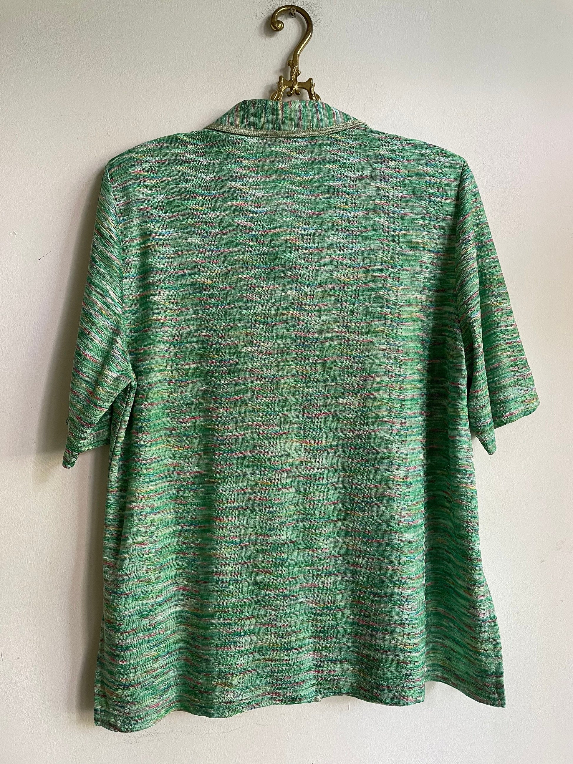 Vintage Green Tropical Summer Blouse, 80s Sheer Short Sleeve Feminine Shirt, Glittery Button-Up, Removable Padded Shoulders, M-L