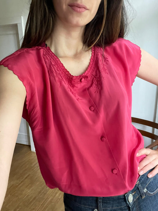 Magenta pink Silk woman blouse in Magenta, Vintage Romantic high quality button up shirt, Sexy summer shirt, Pink camisole,