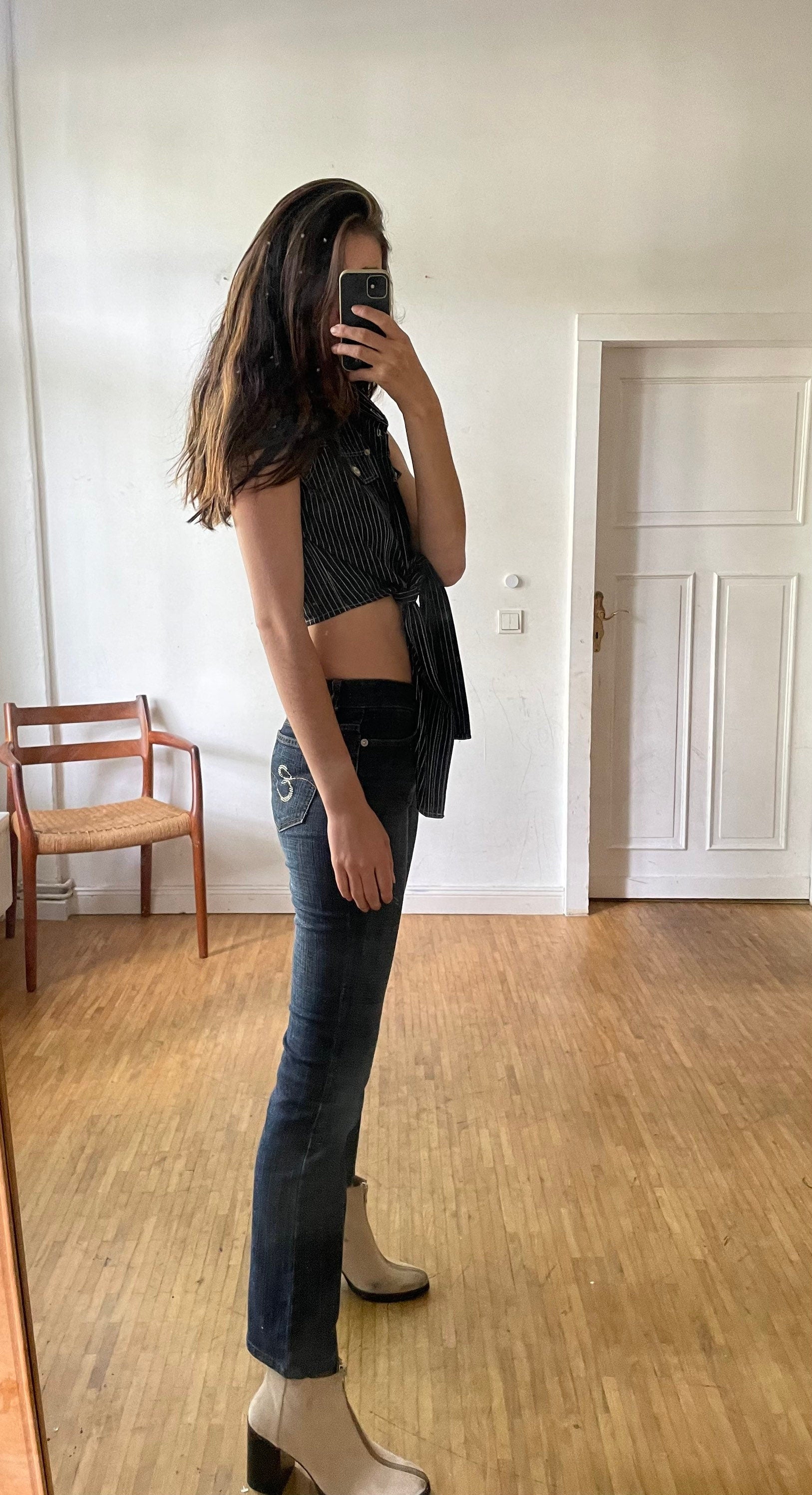 Denim Black and white striped cropped summer camisole, Knot tie shirt, Retro woman clothing, Feminine top, Cute shirt, S