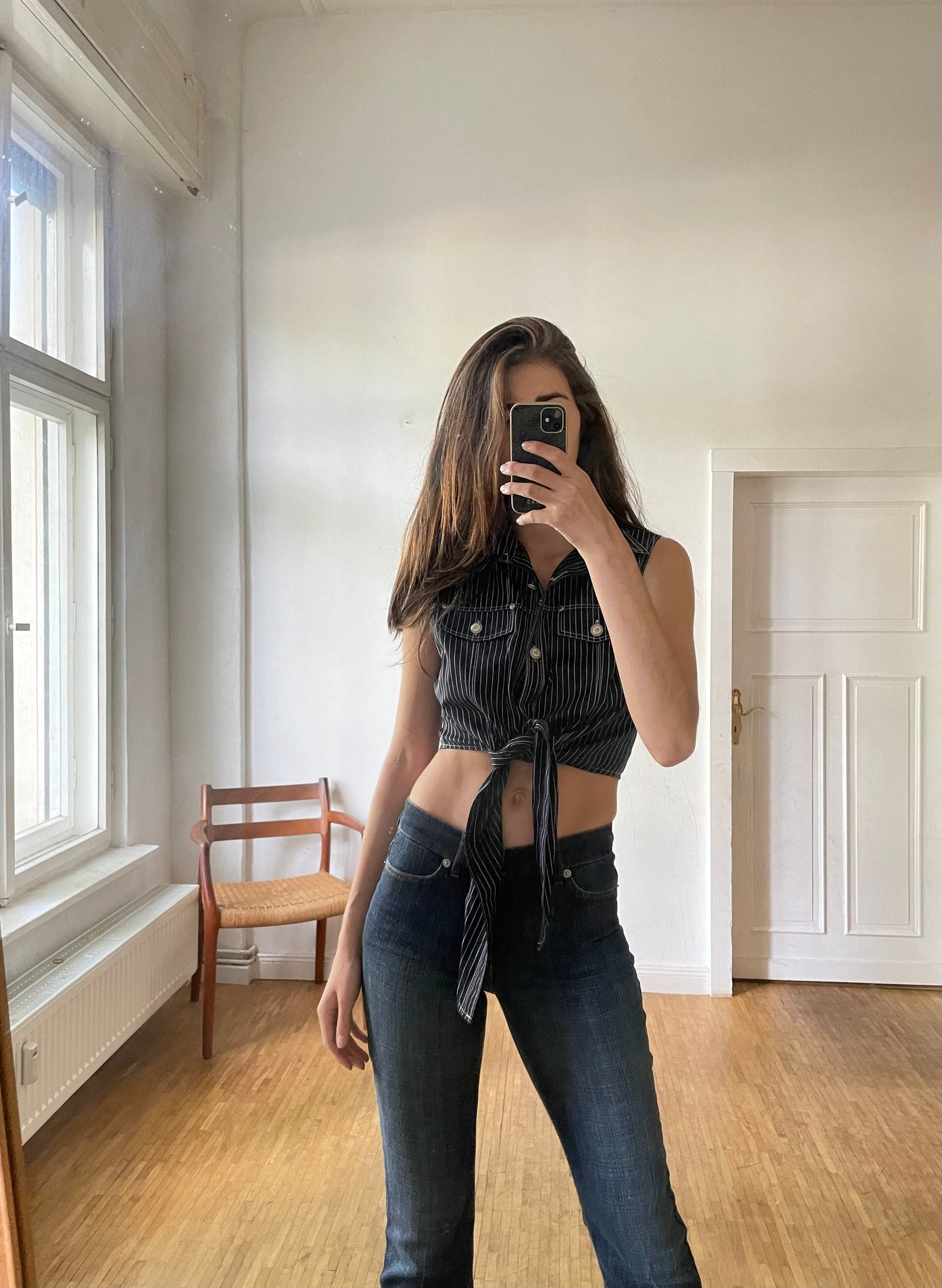 Denim Black and white striped cropped summer camisole, Knot tie shirt, Retro woman clothing, Feminine top, Cute shirt, S