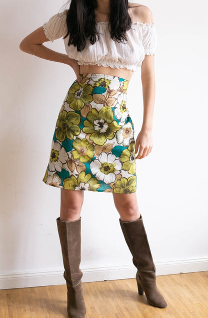 Green Floral Vintage 80s High Waist Cotton Skirt